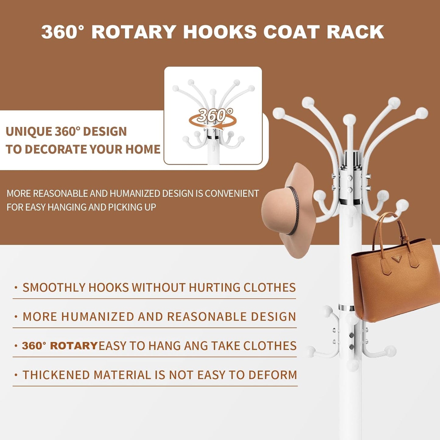 Modern Metal Coat Rack Stand, 360°Rotary Coat Rack Freestanding with Natural Marble Base, White Sturdy Coat Racks with 16 Hooks, Coat Racks Hall Tree Stand for Entryway (White)