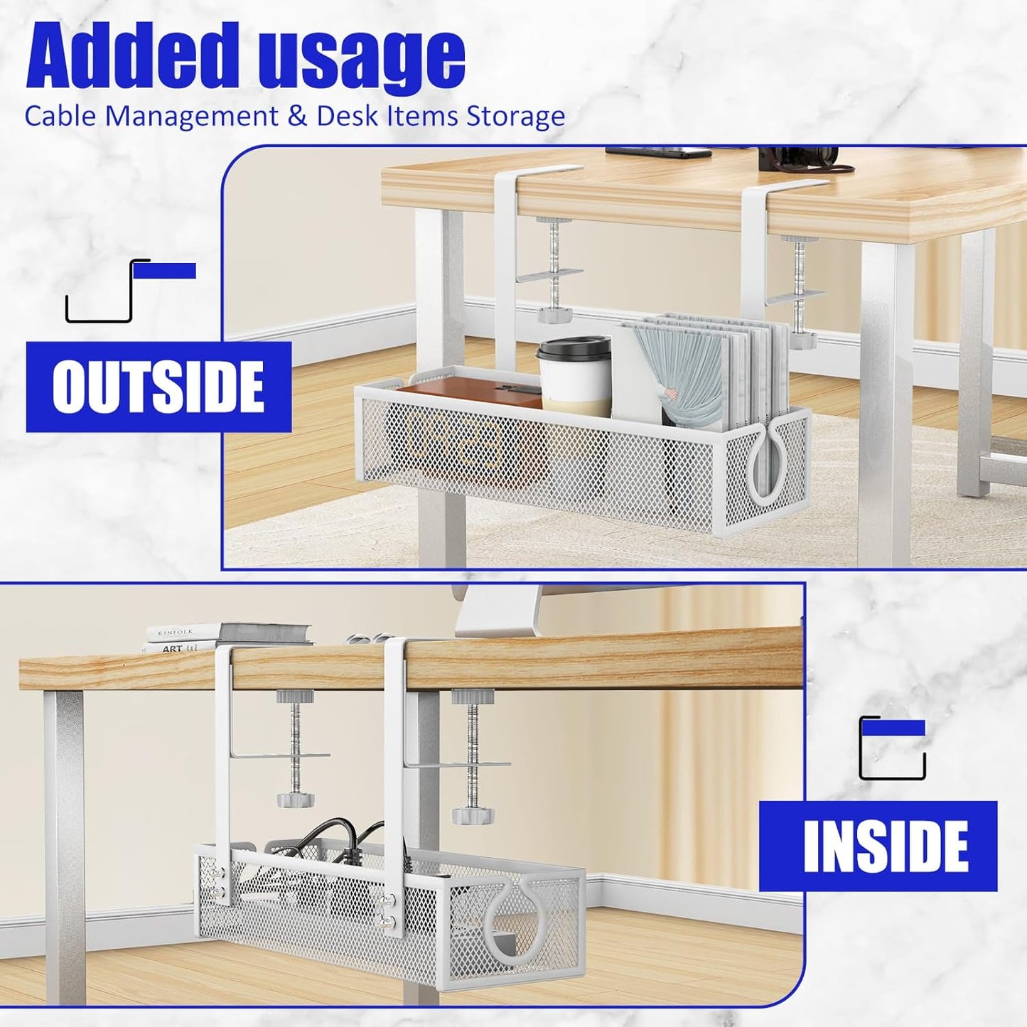 Under Desk Cable Management Tray, Metal Long Arms(3.9in), No Drill Mesh Wire Management Tray Cable Box for Office, Desk Wire Organizer with Clamp Mount, 1 Pack, White