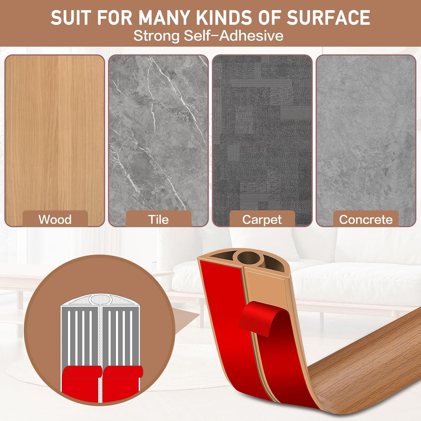 Floor Cord Cover Self Adhesive Cord Hider Floor Extension Cord Covers for Floor Power Cord Protector Cable Management Prevent Cable Trips Cable Cavity 0.32" W x 0.32" H (Light Brown Wood, 10Ft)