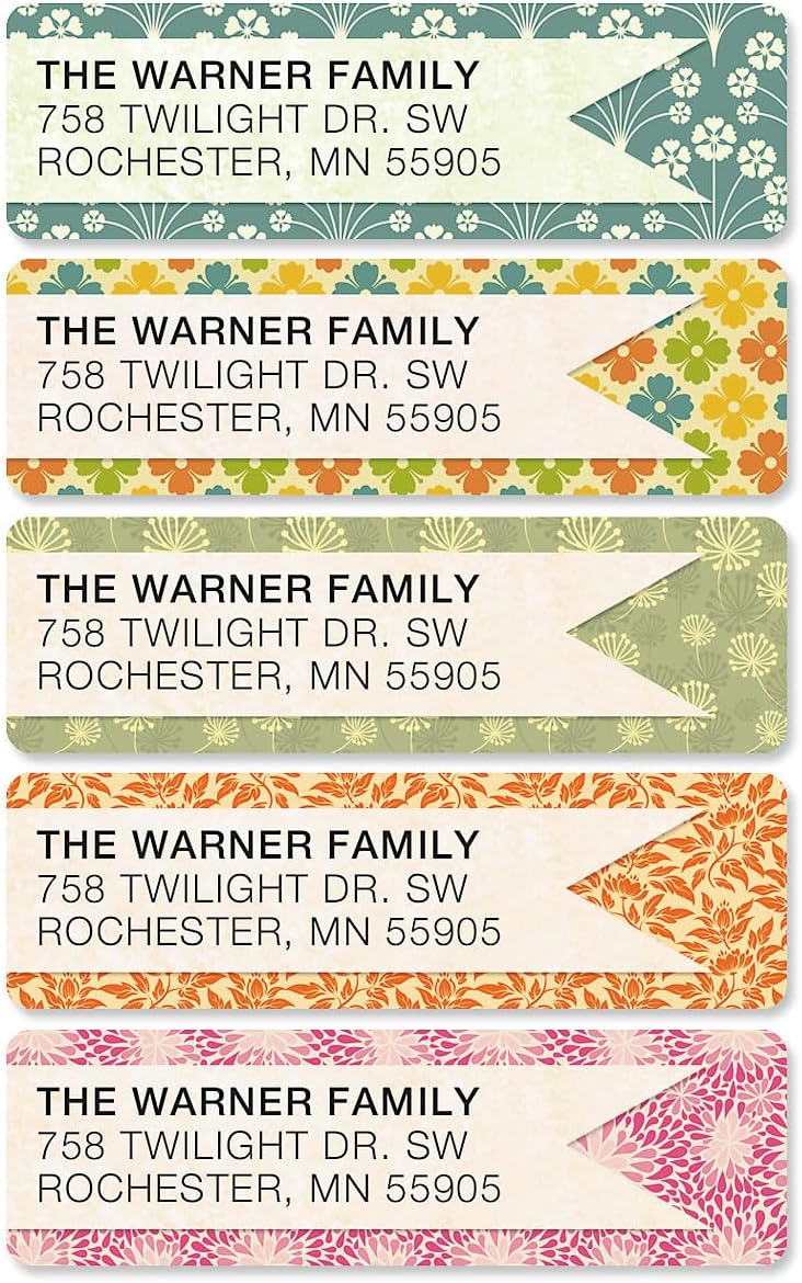 Blossom Banner Rolled Personalized Return Address Mailing Labels with Dispenser, Set of 250, 5 Designs, Small ¾ x 2½ Inch Size, Custom Self-Adhesive Sticker Roll, by Colorful Images