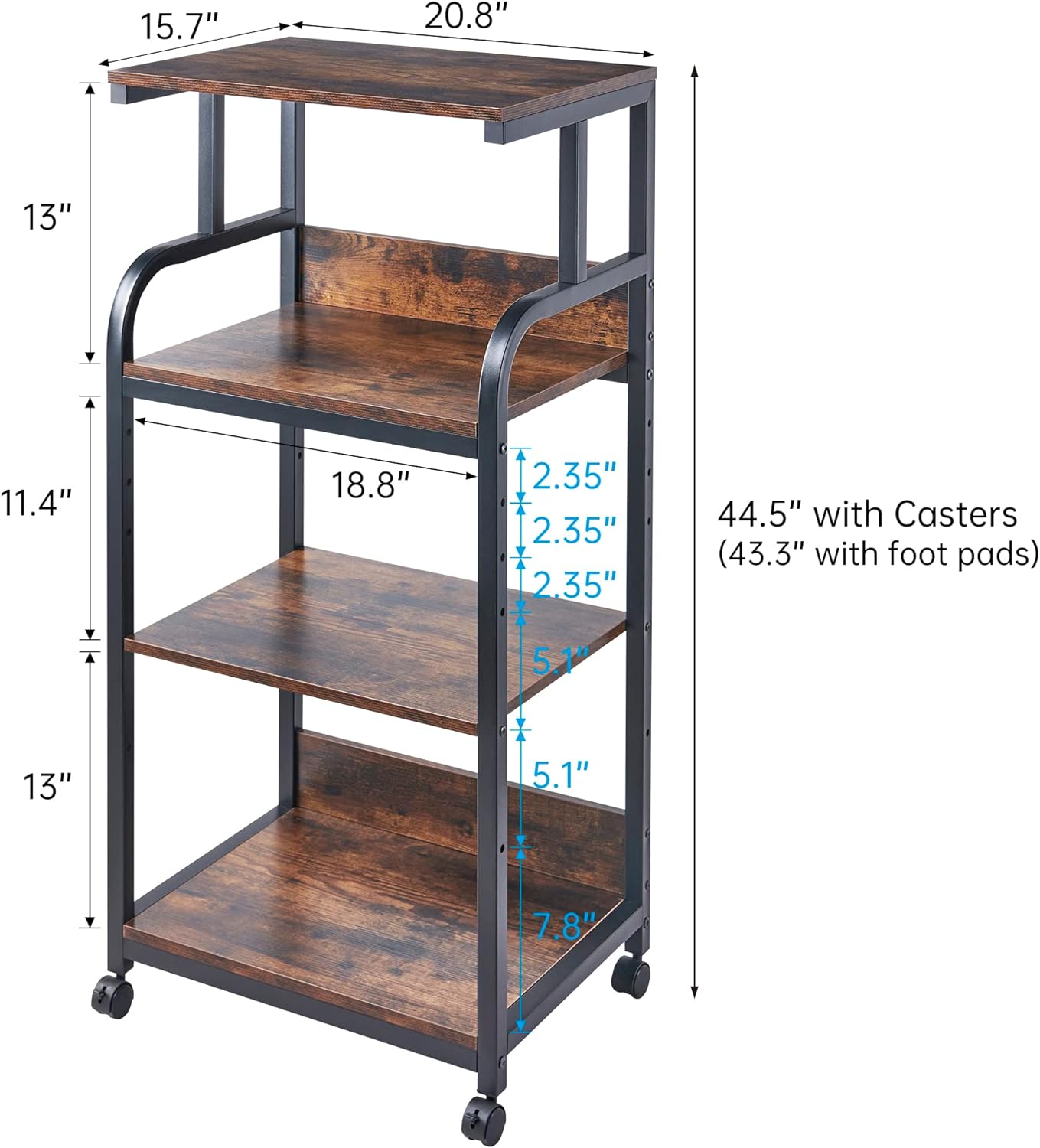 4-Tier Printer Stand with Adjustable Storage Shelf, Large Tall Printer Table with Wheels for Home Office Small Spaces Organization, Rustic Brown