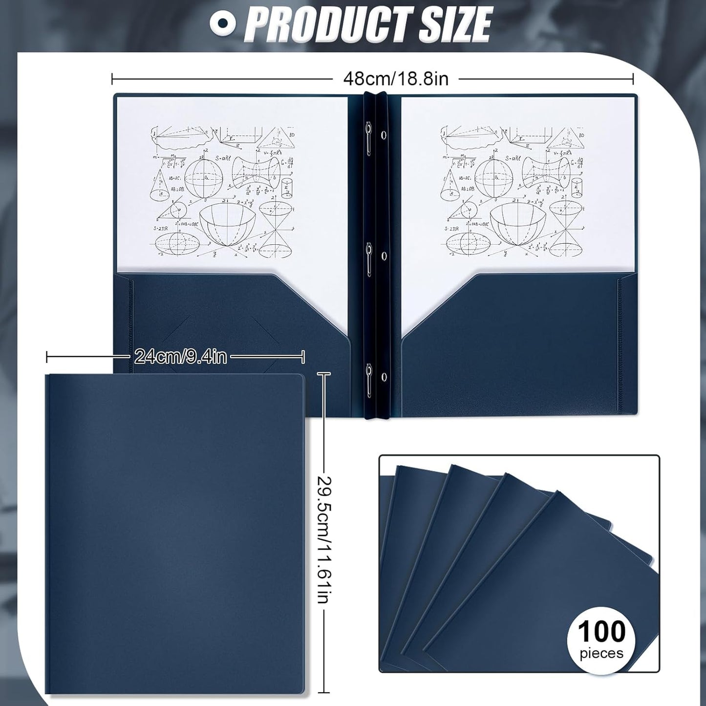 Lincia 100 Pcs Plastic Folders with Pockets and Prong Folders with Prongs Plastic Folders with 2 Pockets Pocket Folders for Office, School for Students, Teachers, Office Workers (Navy Blue)