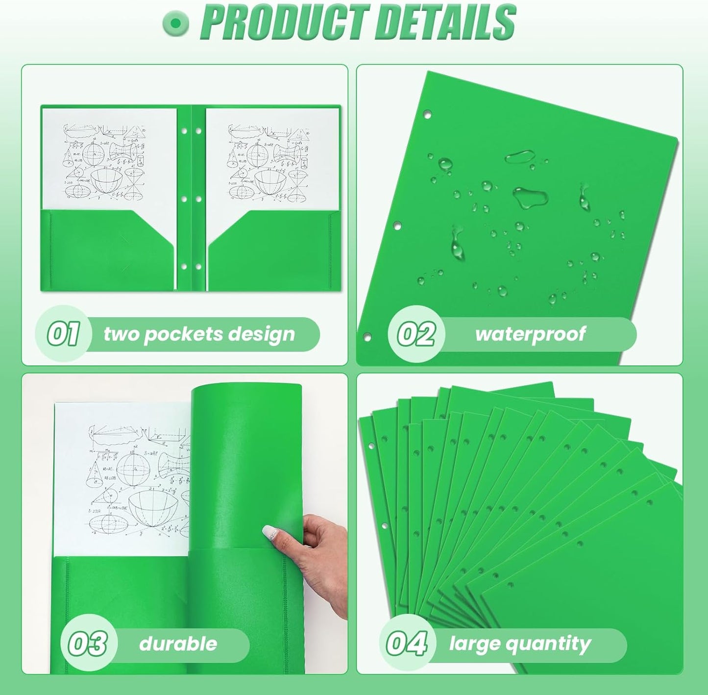 Yeaqee 50 Pcs Plastic Folders with Pockets Bulk 3 Hole Punched 2 Pocket File Folders for 3 Ring Binder Divider Folder for Notebooks, Durable Poly for Office Home (Green)