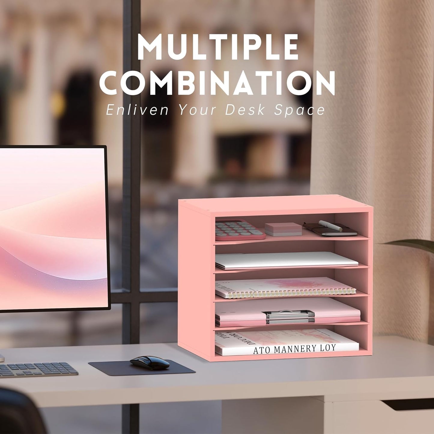 SUPEASY Wood Desk Organizer, 5 Tier Paper File Organizer for Desk, Wooden Desktop Organizer, Paper Letter Literature Mail Sorter, for Office School & Home Organization, Pink