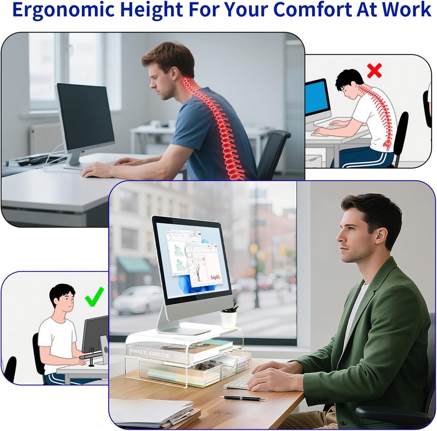 Acrylic Clear Desk Organizers and Accessories, 2-Tier Computer Monitor Stand Riser with Drawer, Laptop Stand, Office Desk Accessories for Office Supplies, Transparent