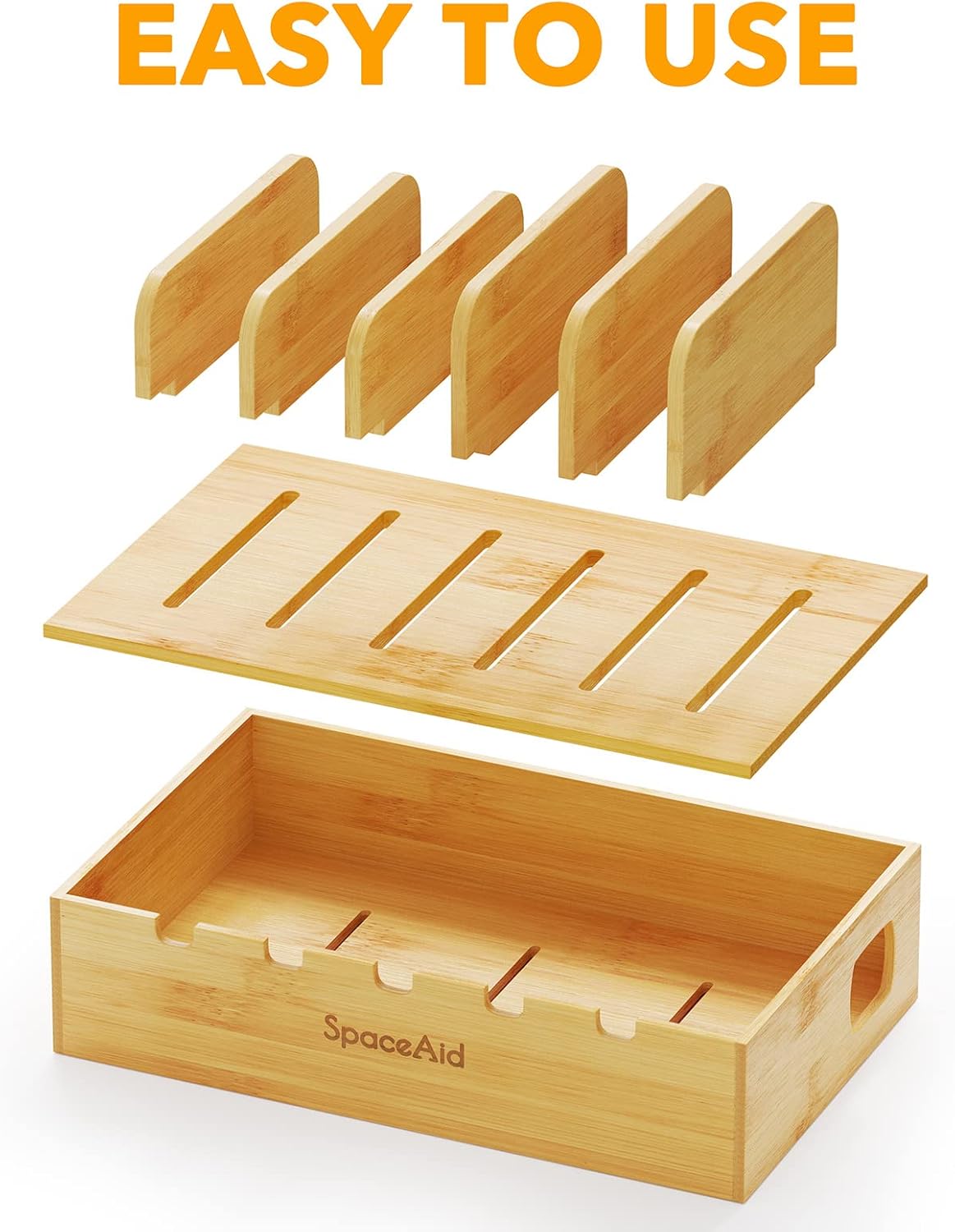 SpaceAid Bamboo Charging Station for Multiple Devices, Cell Phone Docking Stations for Multi Laptop, Tablets and iPads, Nightstand Bedside Desk Device Charger Organizer (Natural)