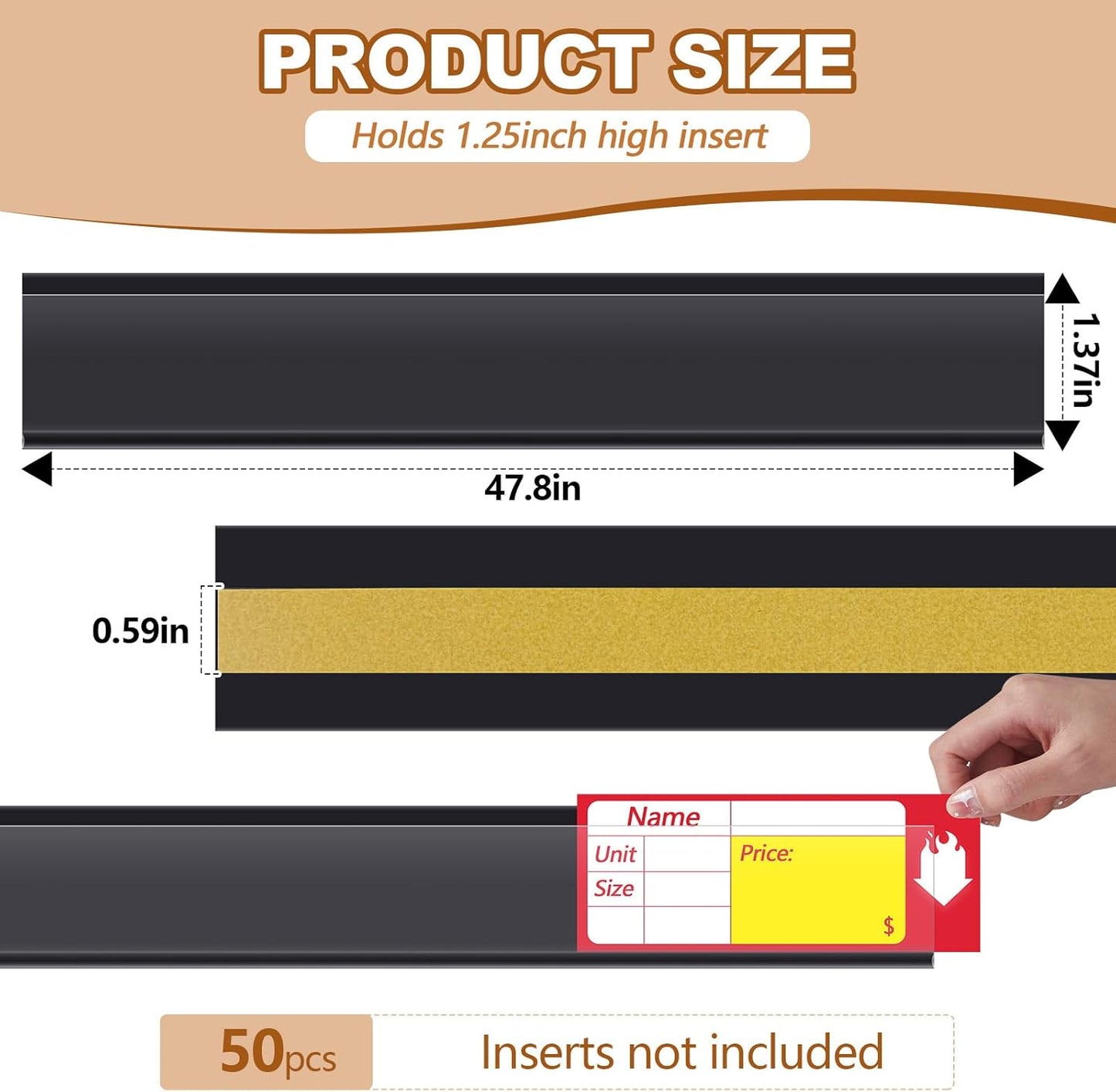 Spiareal 50 Pcs 47.8 x 1.38 Inch Shelf Label Strips Adhesive Back Stick on Data Price Tag Holder Clear PVC Adhesive Ticket Channel for Supermarkets Convenience Shops(Black)