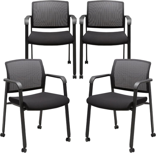 CLATINA Mesh Back Guest Reception Arm Chairs with Wheels, Waiting Room Chairs with Upholstered Fabric Seat and Ergonomic Lumbar Support for Office