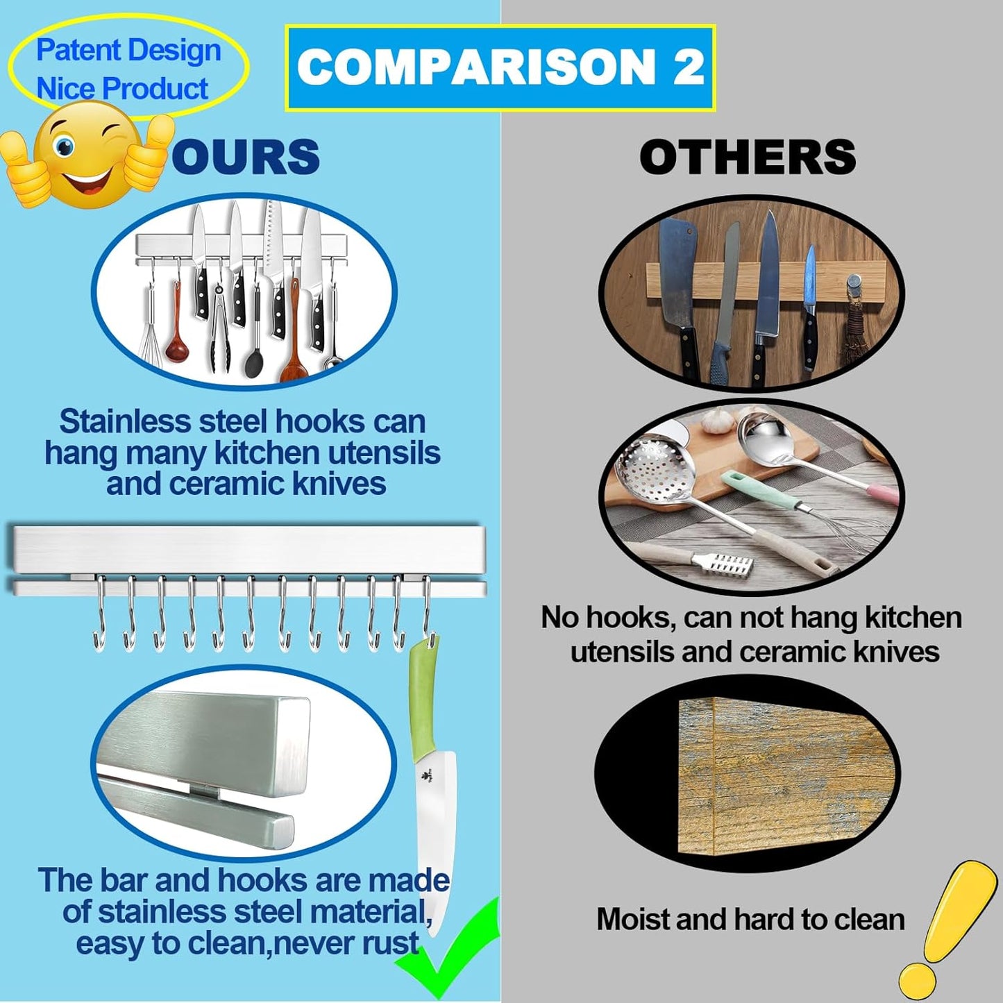 YIIYIIN 17" Premium 304 Stainless Steel Double-Sided Magnetic Knife Holder for Wall or Fridge -with Adhesive Strip, No Drill - 12 Hooks Included for Kitchen Utensils