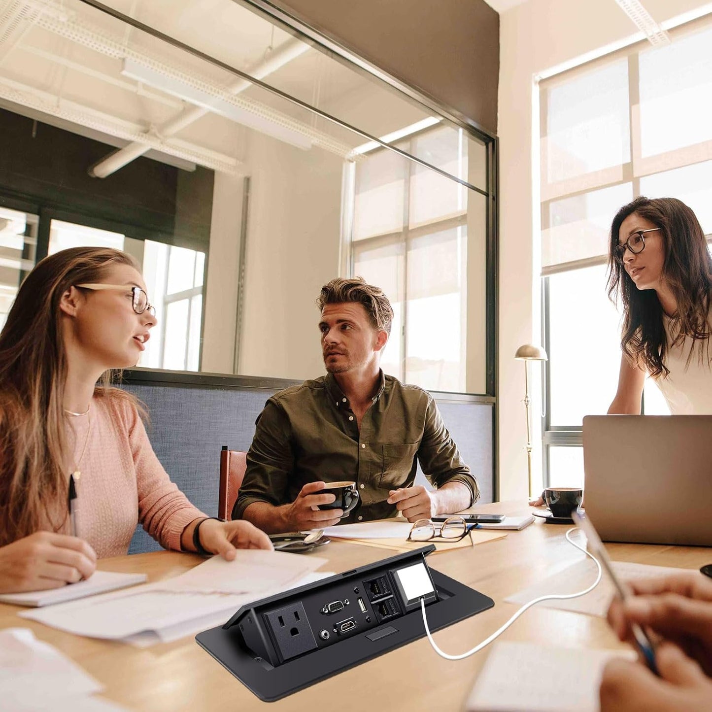 Pop Up Outlet; Pop up Power Strip; Embedded countertop Connection Outlet Box; 2 Power Outlets,HDMI USB VGA 3.5mm Audio Network Port Conference Table Multimedia Outlet Box - Black