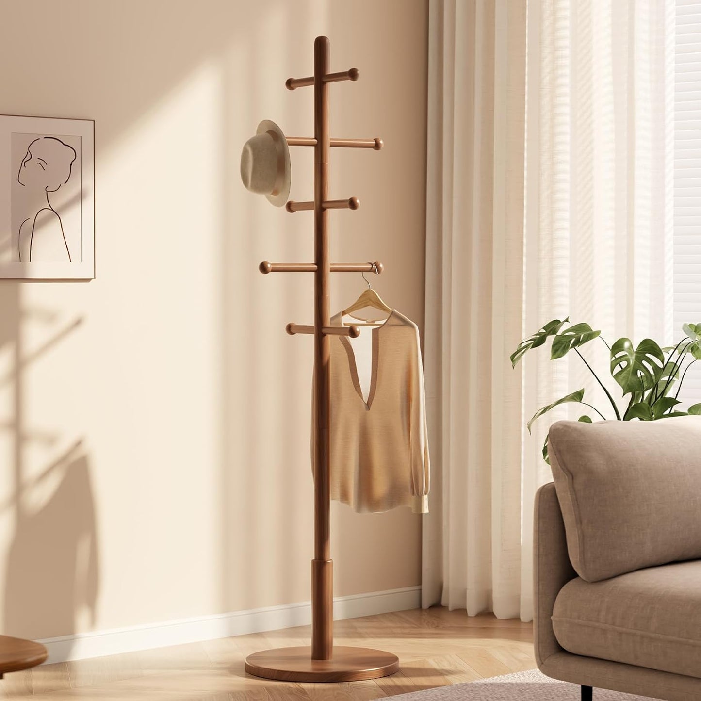 Solid Wood Coat Rack Freestanding with 10 Hooks, Coat tree freestanding 3 Adjustable Heights for coat, Hats, Handbags, Coat Stand for Entryway,Bedroom,office