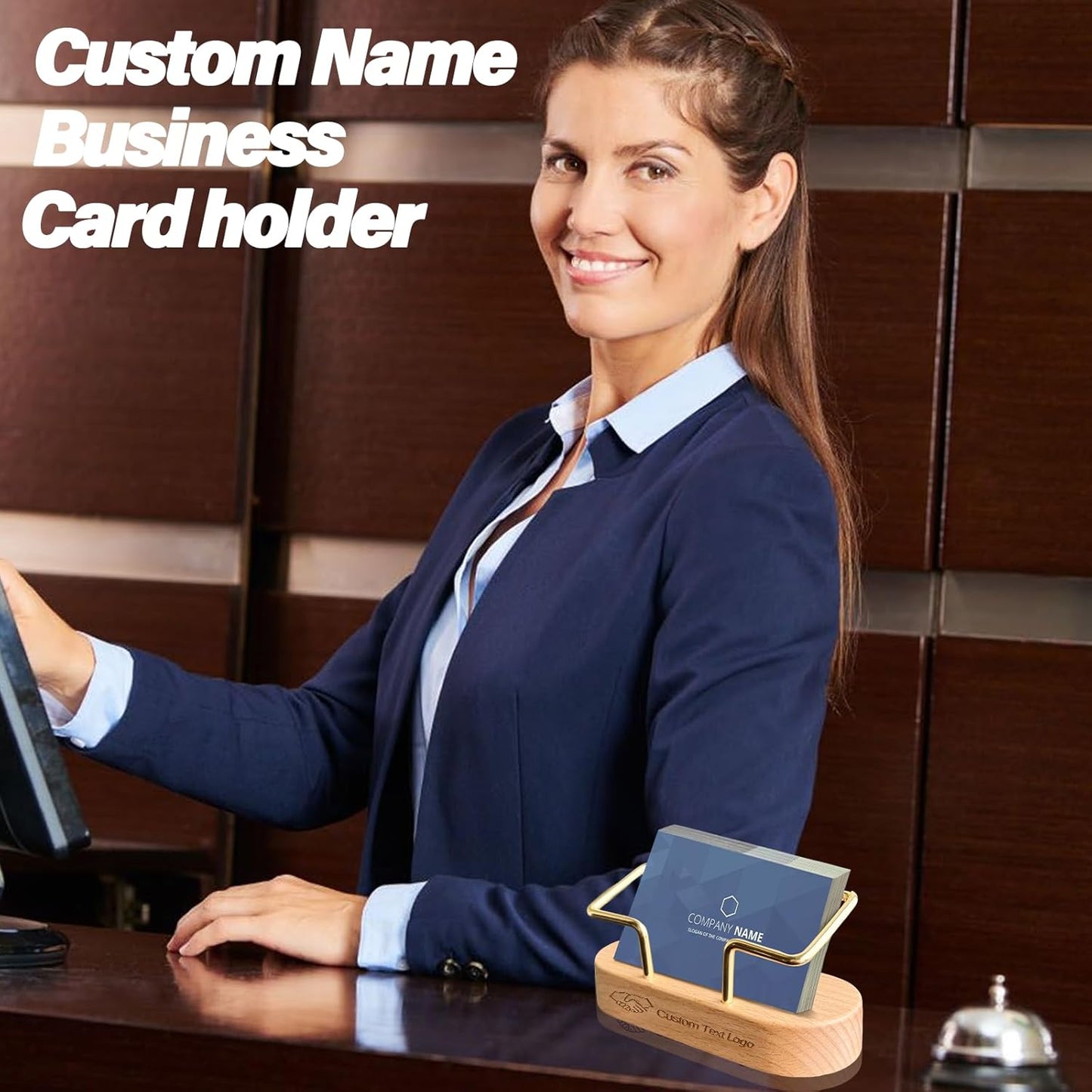 Custom Business Card Holder Desk-Personalized Engraved Wooden Business Card Case Holder, Customized Name Logo Business Card Display Gifts for Men Women (Style2-White)