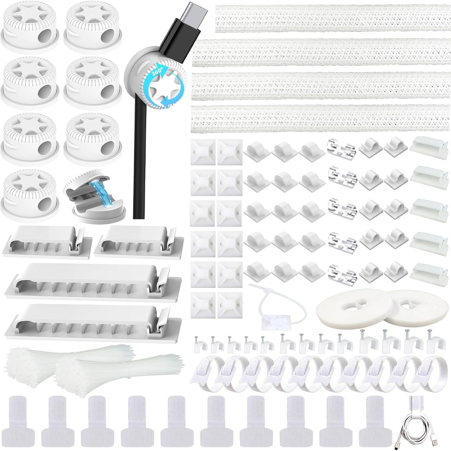 ELII 328Pcs Cable Management Kit, 8 Magnetic Cable Clips,69Adhesive Cable Holder,4 Cable Sleeve Split,22Reusable Cable Strap,200 Nylon Cable Zip Ties with 25 Mounts TV Home(White)