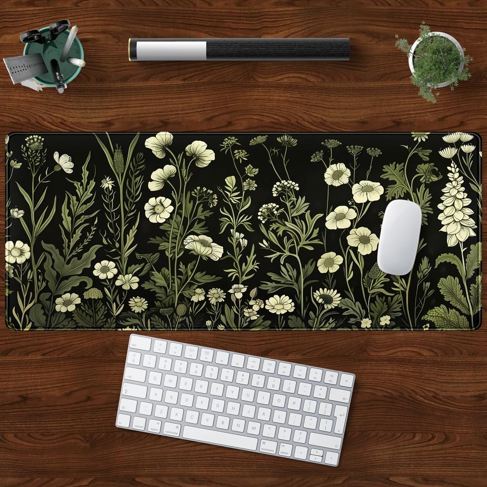 Floral Green Plant Mouse Pad Aesthetic Vintage Desk Pad Black Extended Mouse Pad Large Desk Mat for Desktop Keyboard Pad and Office Home Work Mouse Pad XXL Laptop Computer Mat 31.5 X 11.8 in