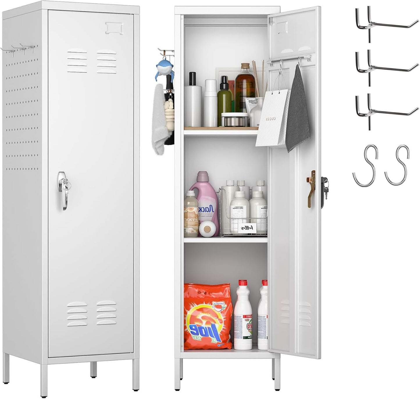 Metal Lockers for Employees with Handle,Metal Storage Locker with 2 Pegboard & 5 Hooks for Gym, School, Office,Home,Garage,White