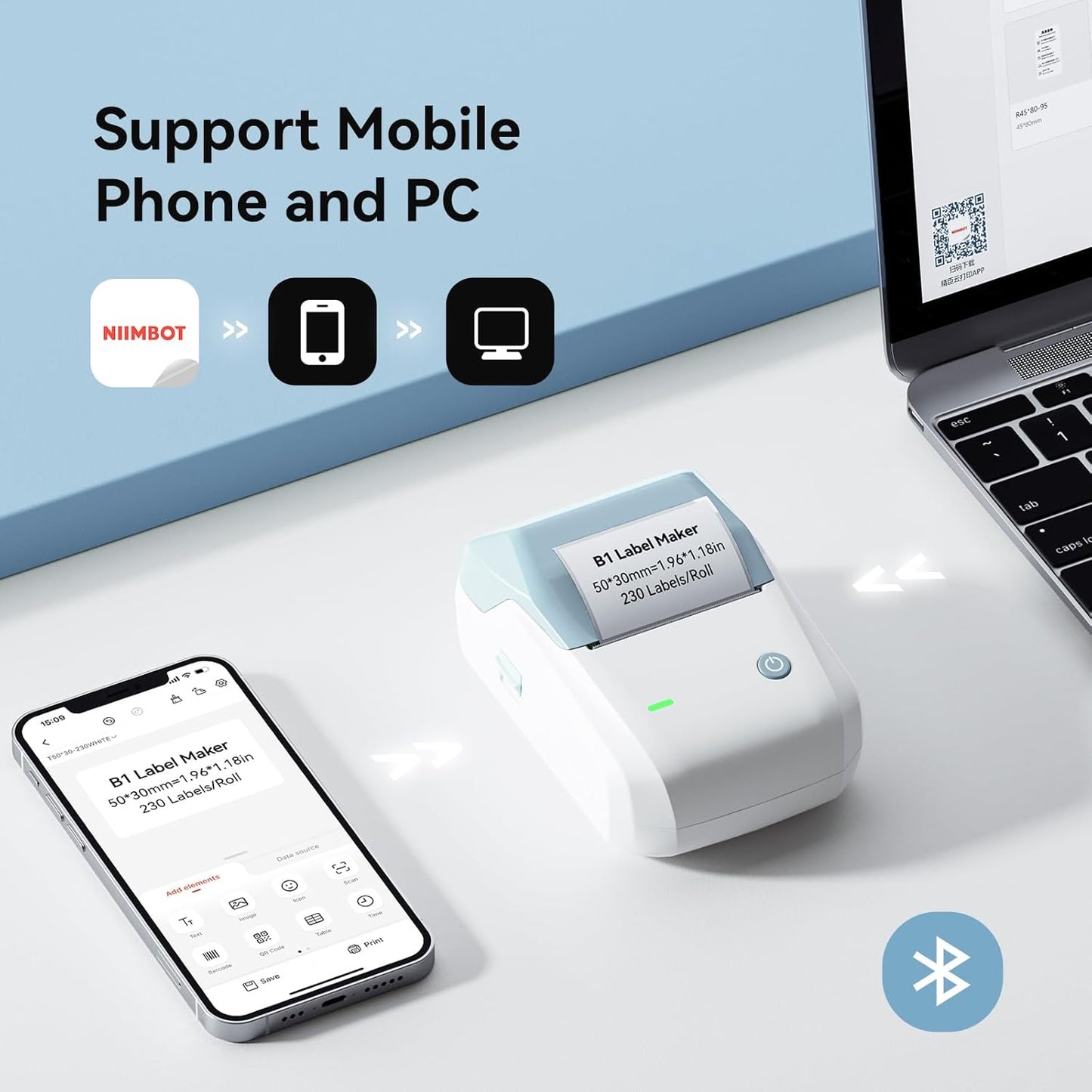 NIIMBOT B1 Label Maker Machine with Tape, 2 Inch Portable Sticker Printer for Home School & Small Business, Compatible with Phones & PC, Blue White