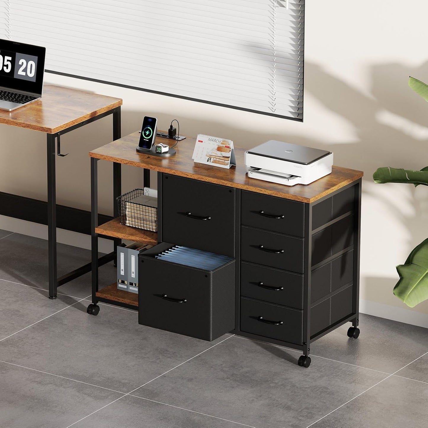 6 Drawer File Cabinet with Charging Station Rolling Printer Stand with Open Storage Shelf Fabric Lateral Filing Cabinet for Home Office,Rustic Brown