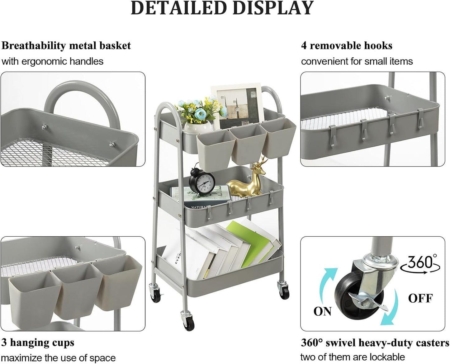 danpinera 3-Tier Rolling Cart, Metal Rolling Storage Cart with Lockable Wheels & Hanging Cups & Hooks, Mobile Trolley Cart for Kitchen, Bathroom, Office, Workshop, Gray