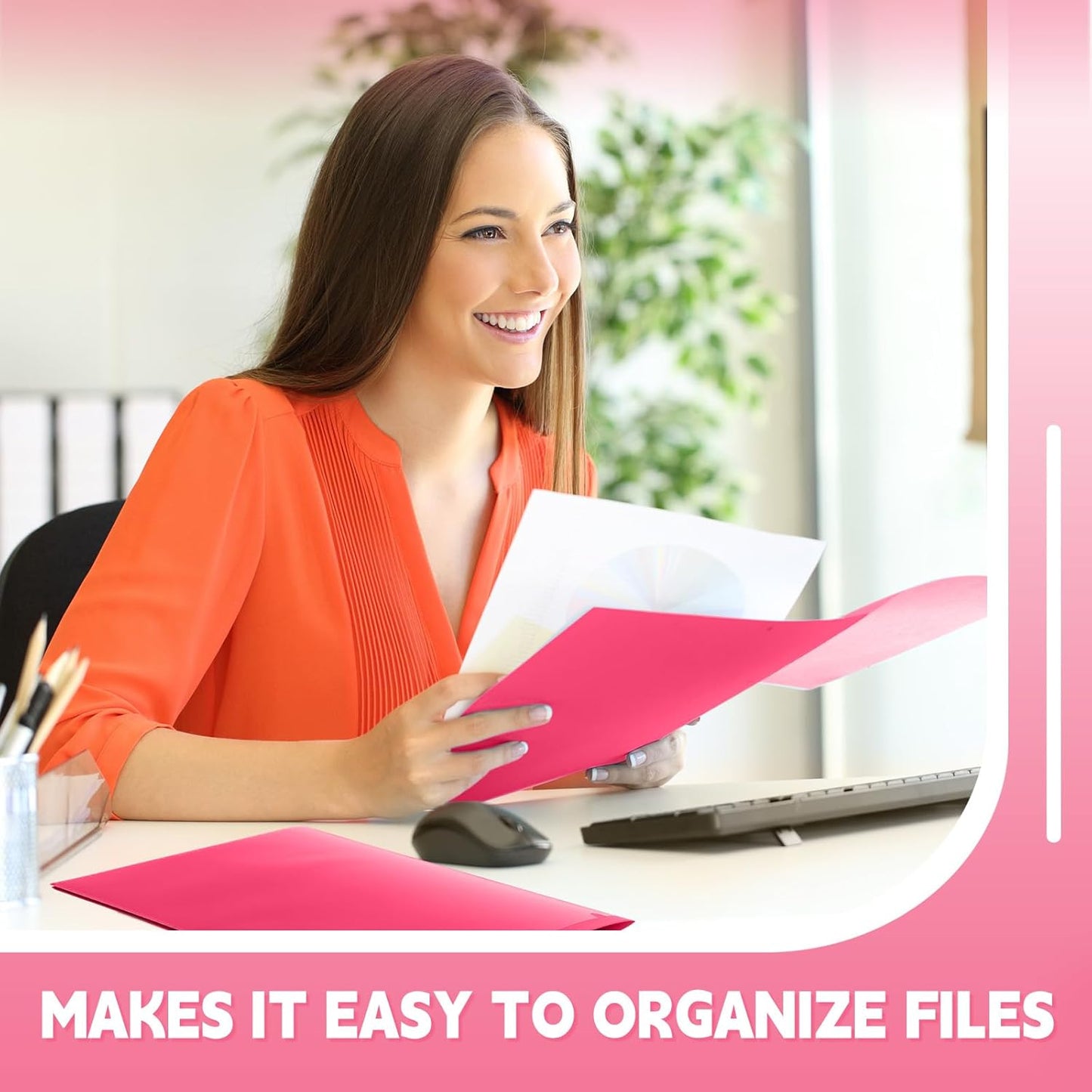 Henoyso 60 Pcs Plastic Folders with Clear Front Pockets Heavy Duty File Folders with 2 Pockets and Card Slot for Student Communication School Office Presentation Report (Hot Pink)