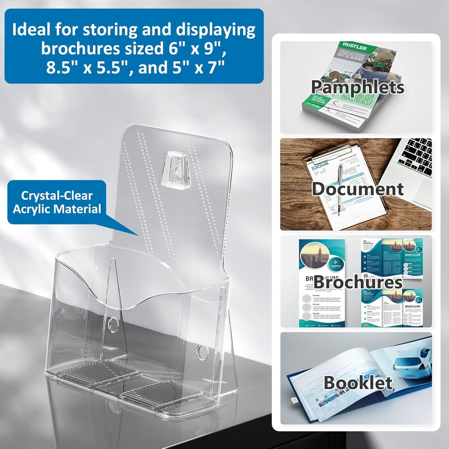 Acrylic Brochure Holder 6 x 8 Inch, Clear Slant Back Display Stand for 5.5 x 8.5 & 5 x 7 Inch Flyers, Pamphlets, Table Signs – Plastic Paper Holder for Office, Home, Store, 2 Pack