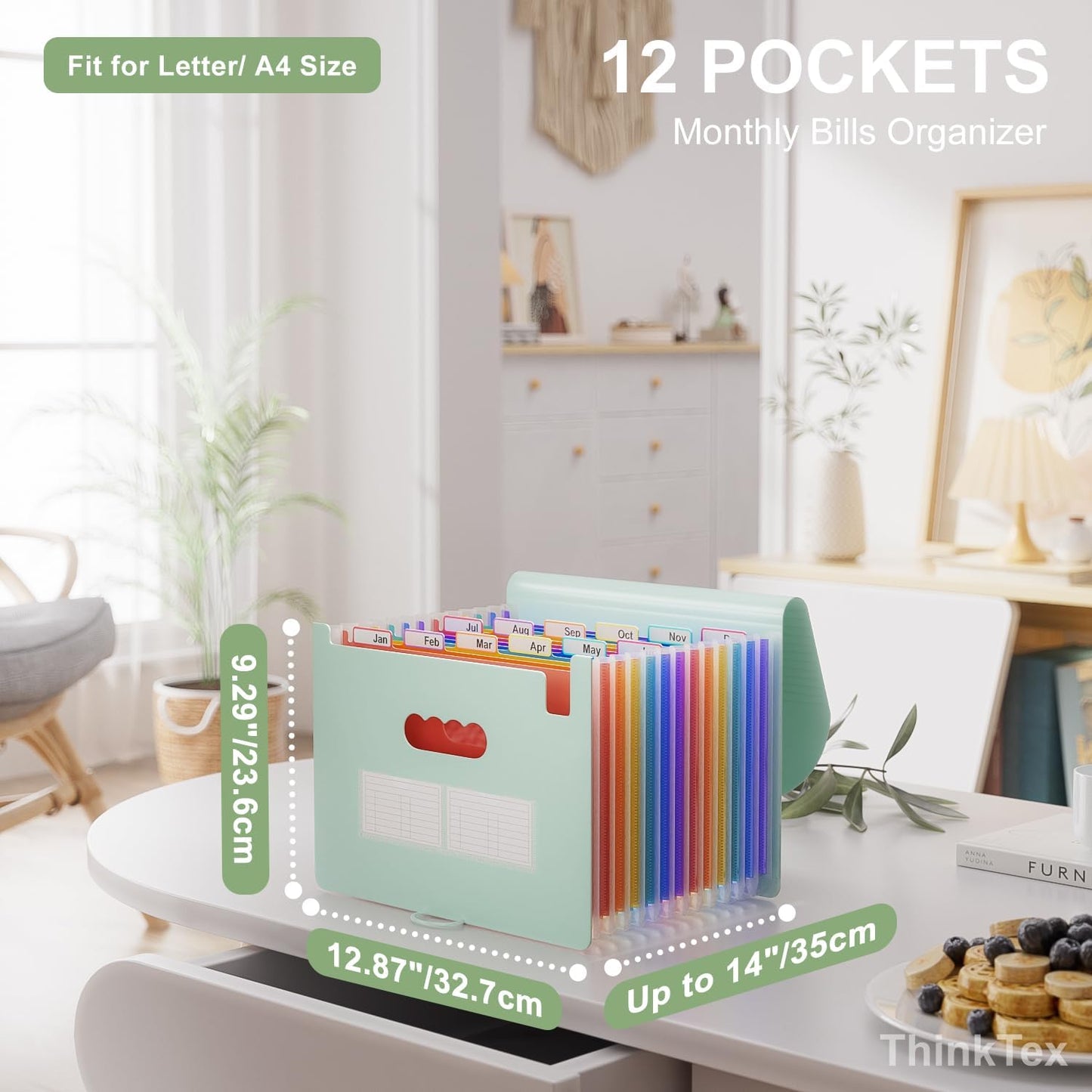 ThinkTex Accordion File Organizer, 12 - Pocket Expanding File Folders for Paper Receipts, Bills&Taxes Organizer, Letter/A4 Size Document Holder for School, Office, Home with tabs-Sage Green