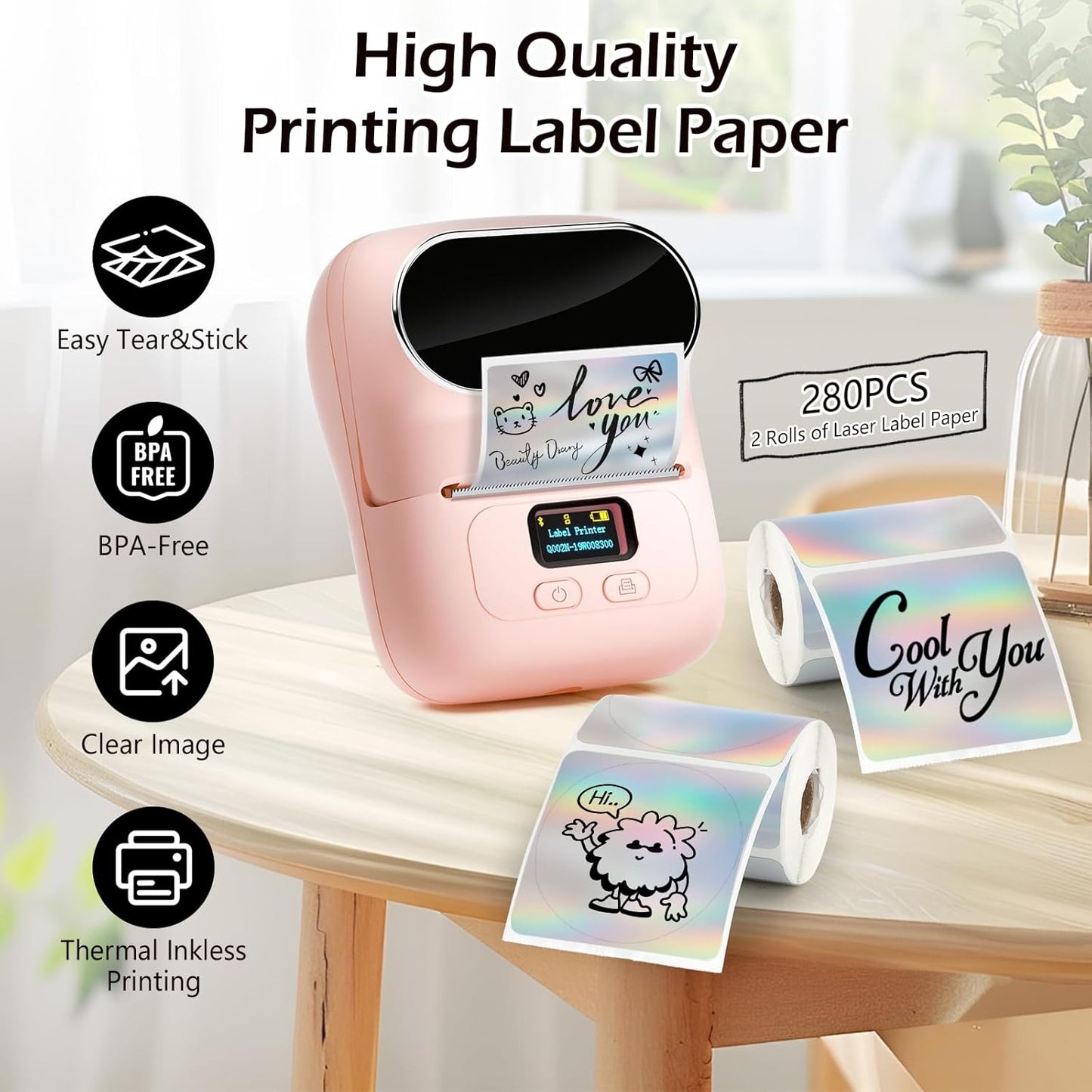 HuiJuKeJi 2 Rolls Holographic Silver Thermal Labels Paper for Phomemo M110 M200 M220 M221,50x50MM Round＆Square,Waterproof Self-Adhesive Mini Printer Laser Stickers for DIY Glitter Labels/Thanks Card