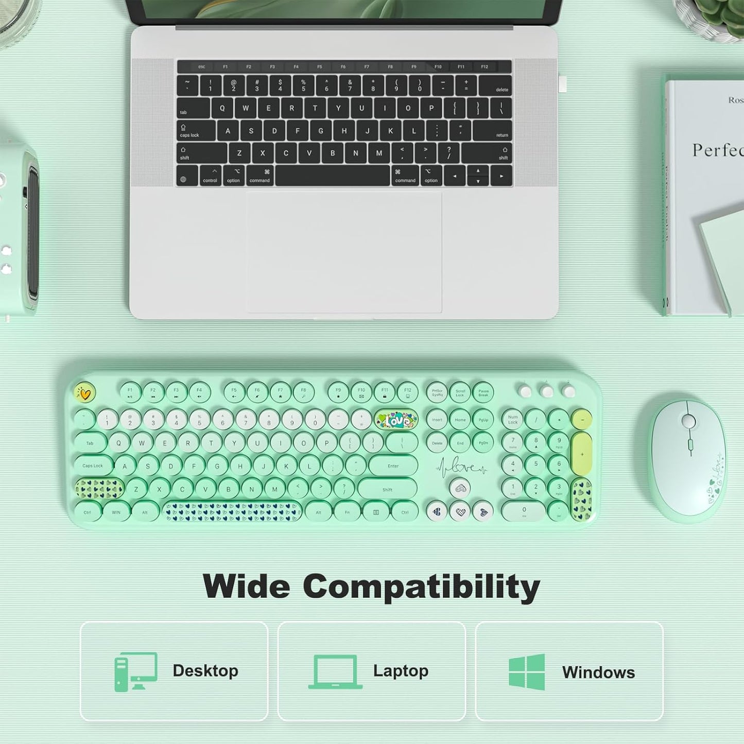 MOFII Wireless Keyboard and Mouse Combo, Cute Full Size Retro Typewriter Keyboard and Wireless Mouse, 2.4GHz Set for PC/Desktop/Laptop/Windows (Green Colorful)