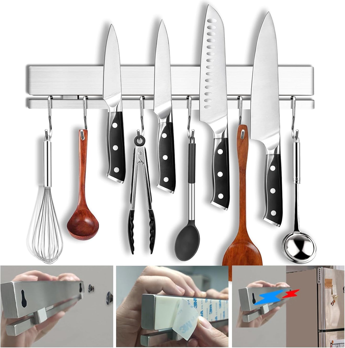 YIIYIIN 12" Premium 304 Stainless Steel Double-Sided Magnetic Knife Holder for Wall or Fridge -with Adhesive Strip, No Drill -6 Hooks Included for Kitchen Utensils