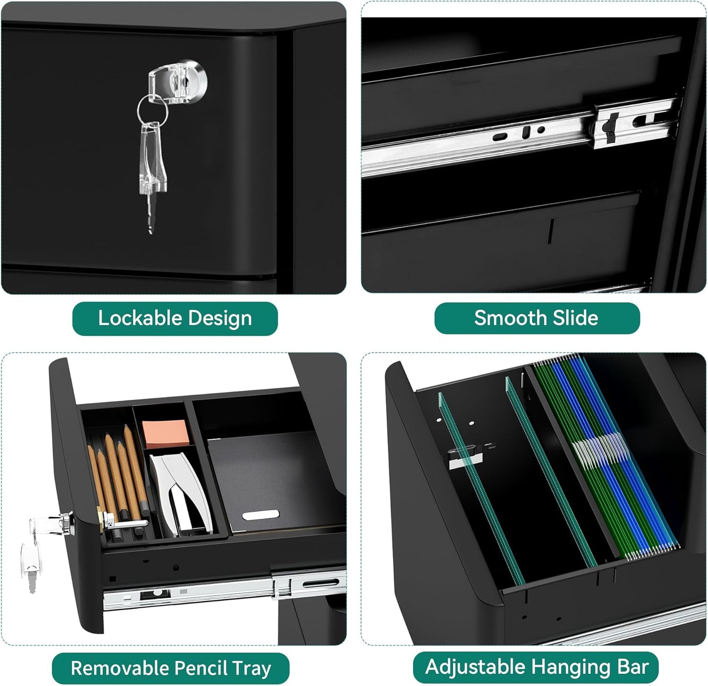 YITAHOME 3-Drawer File Cabinet, Lockable Mobile Filing Cabinet for A4/Letter/Legal Size Folder, Vertical File Cabinet for Home Office, Installed Except Casters, Black