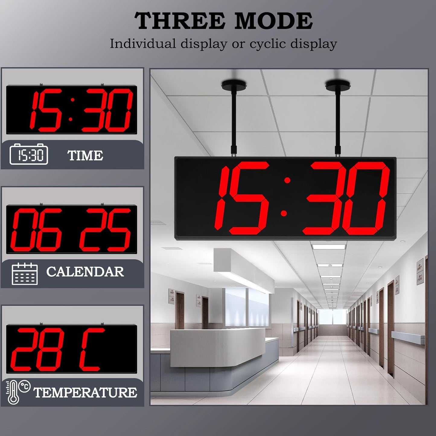 19.5'' Large Digital Wall Clock with Double Sided Display,Multi-Functional LED Hanging Digital Clock with Adjustable Brightness,Suitable for Offices, Warehouses, Corridors (Red)