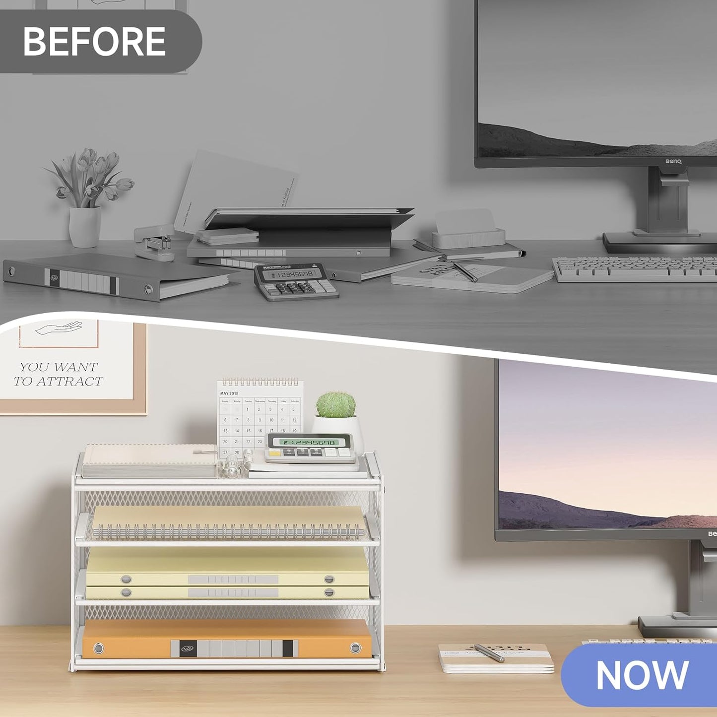 Subekyu Paper Letter Tray Organizer for Desk, White Metal Mesh Desk File Sorter Organizer with Handle and 2 Sliding Trays for Home Office School Supplies Organization