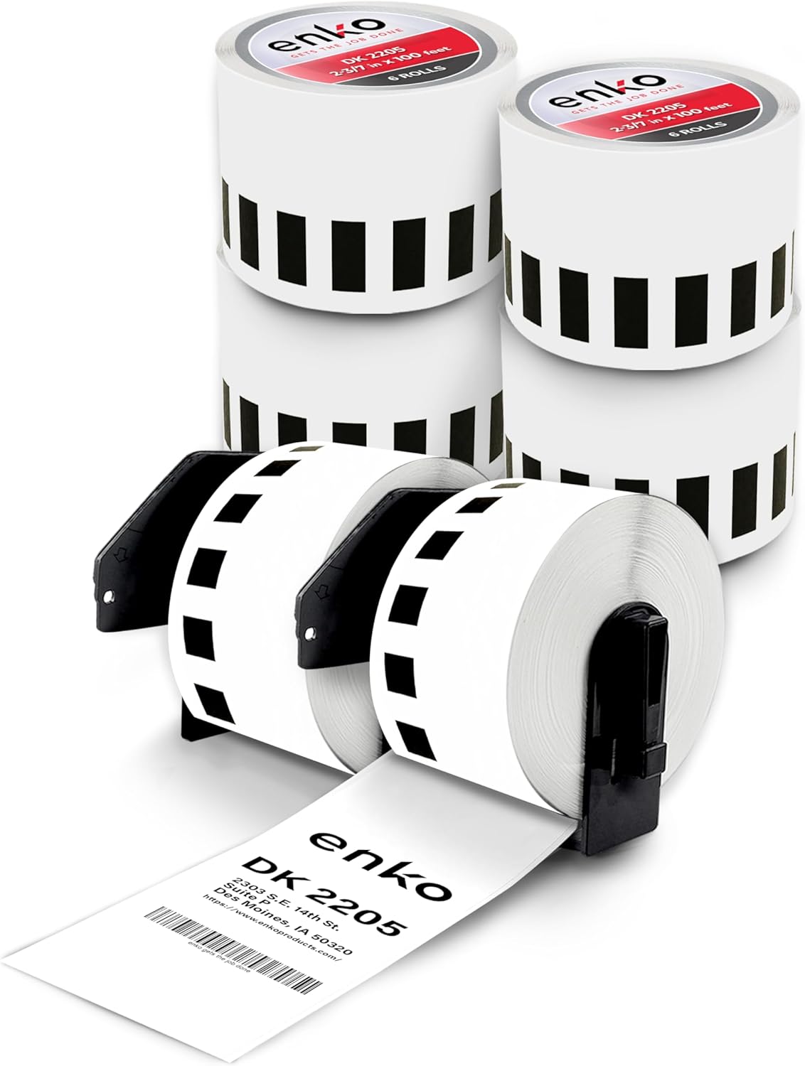 enKo - Compatible DK-2205 Continuous Paper Labels (2.4 Inch x 100 Feet) Use with Brother QL Label Printers QL-800, QL-820NWB QL 810W [6 Rolls + 2 Refillable Cartridge Frames]