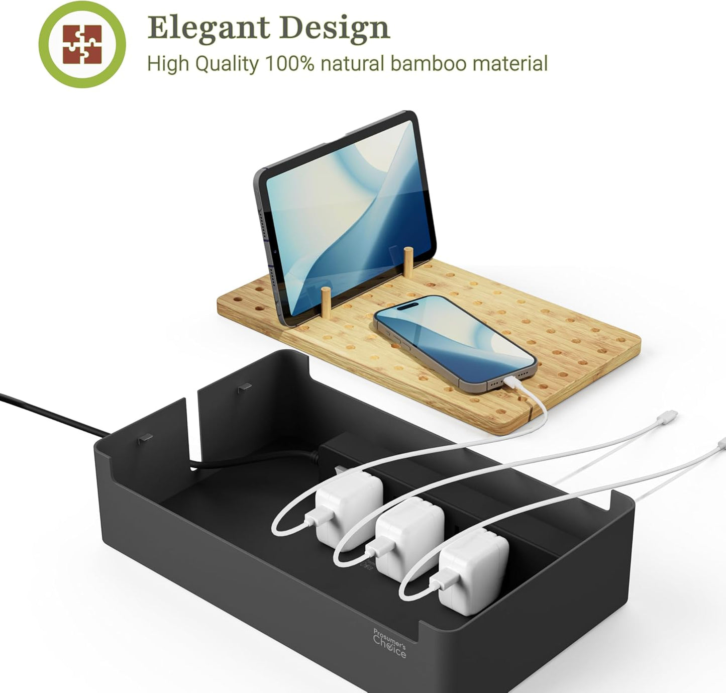 Prosumer's Choice Black Wooden Charging Station Organizer for Multiple Devices - Cable Management Box with 5 Slots and Removable Dividers - Charger Organizer for Phone, Tablet, Home, Office, 12"x6"x7"