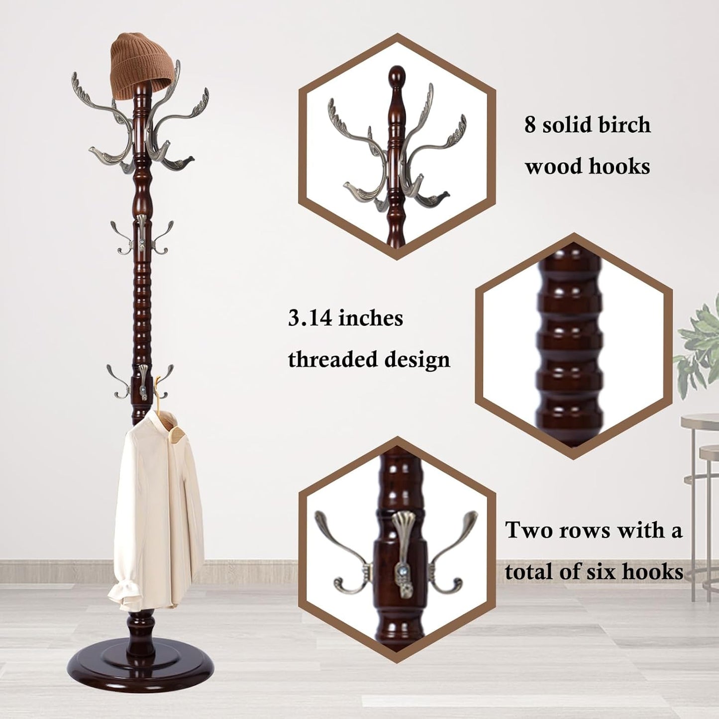 Coat Rack Stand, Solid Wooden Coat Tree with 14 Hooks, Heavy Duty Coat Rack Freestanding with Sturdy Round Base, Natural Birch Wood Coat Hanger Stand for Entryway Bedroom (Metal hook)