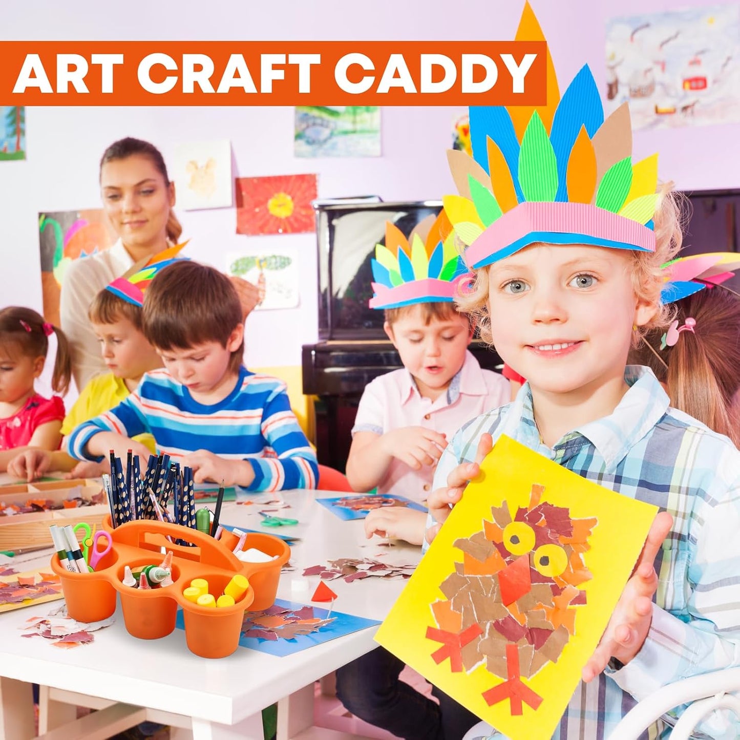 ALINK 6 Pack Classroom Caddy Storage Basket with Handle, Plastic Drink Cup Caddy Holder, 6 Compartments for Kids, Table, Office, Arts, Crafts, Crayon, Marker, Pencil, School Supplies - Assorted Colors