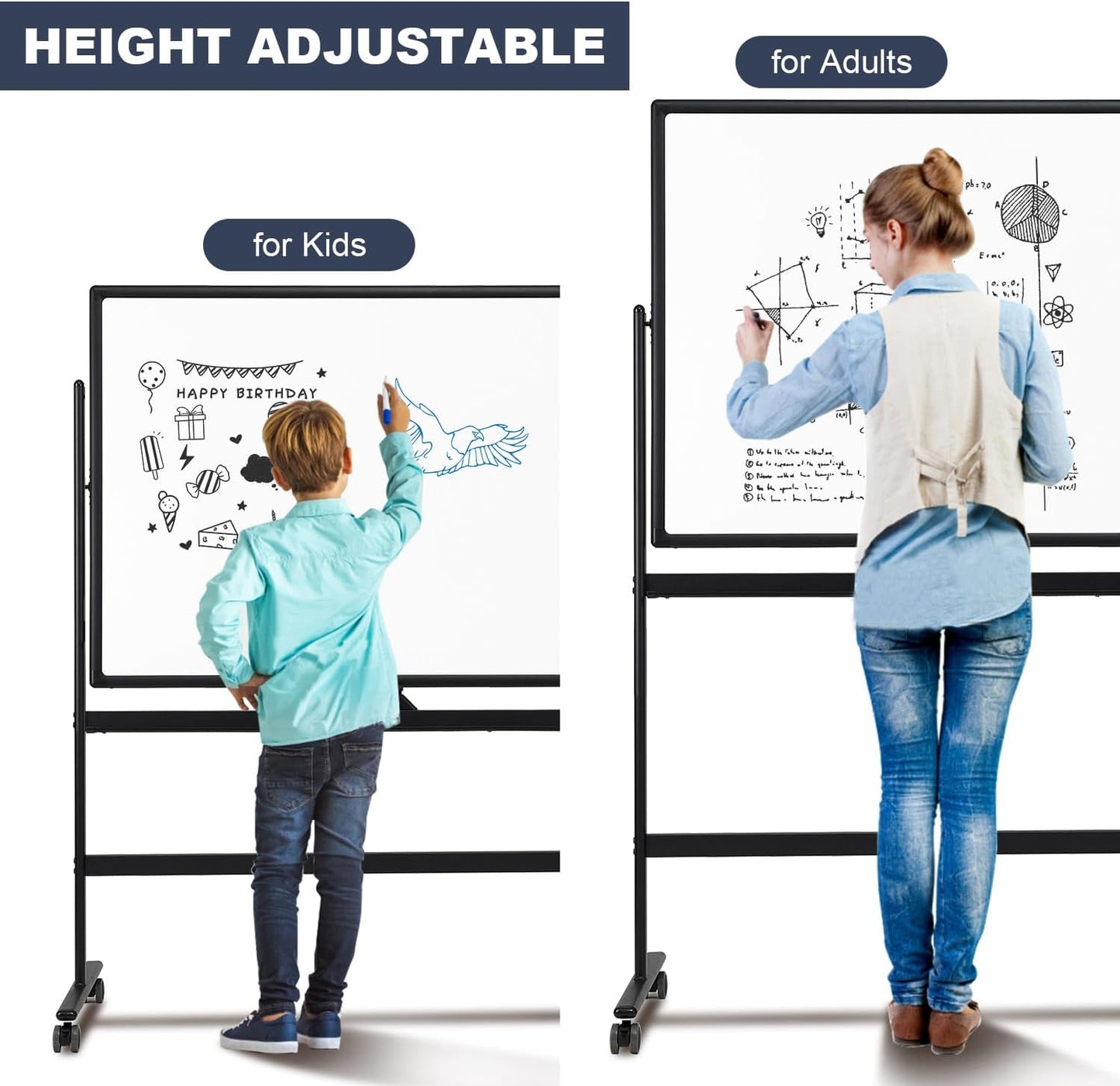 Dry Erase Whiteboard Easel on Wheels - TANKEE 70" x 36" Large Double Sided Mobile Whiteboard, Reversible Magnetic Rolling White Board for Home Office Classroom, Flip Chart Holders and Paper Pad