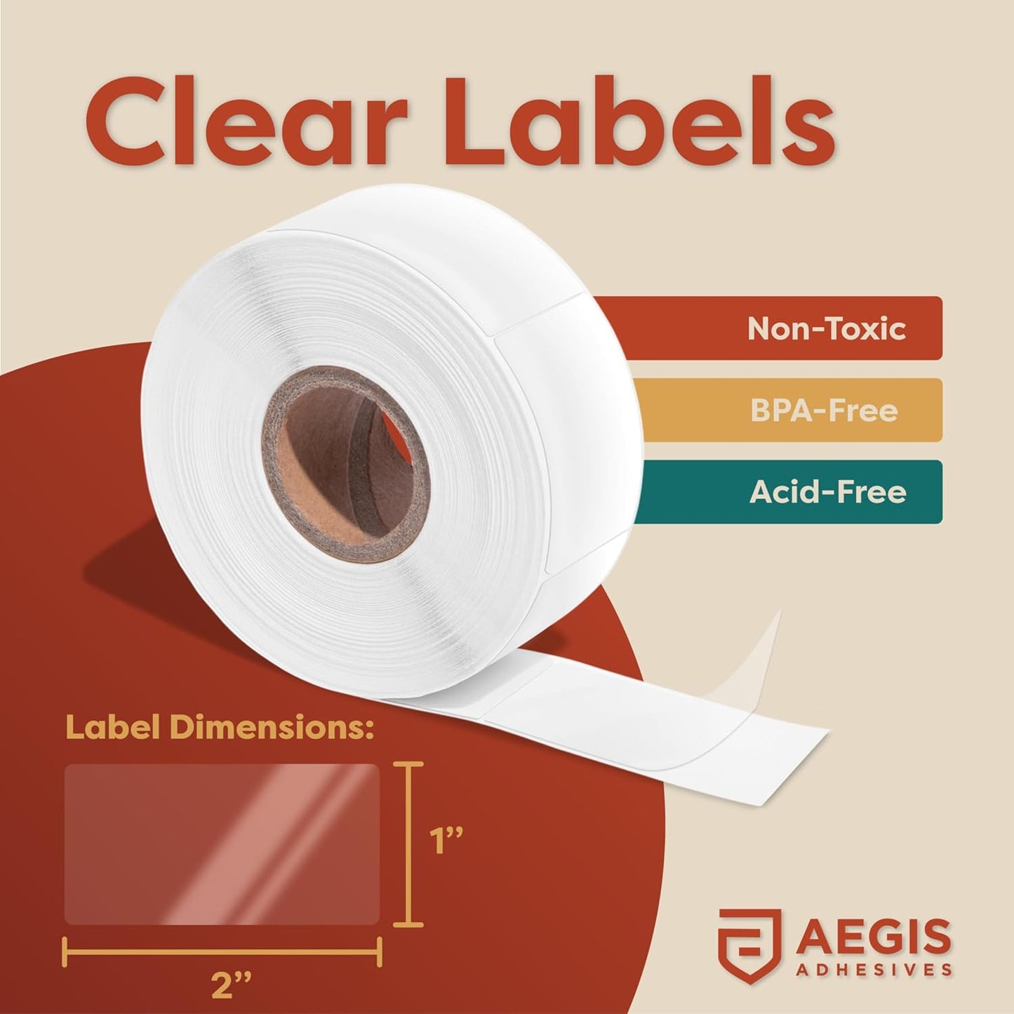 Aegis Adhesives - 1" X 2" Clear Label Stickers - Protective Covers for Barcodes and Addresses, Sealing Envelopes, and More (1 Roll, 500 Labels/Roll)