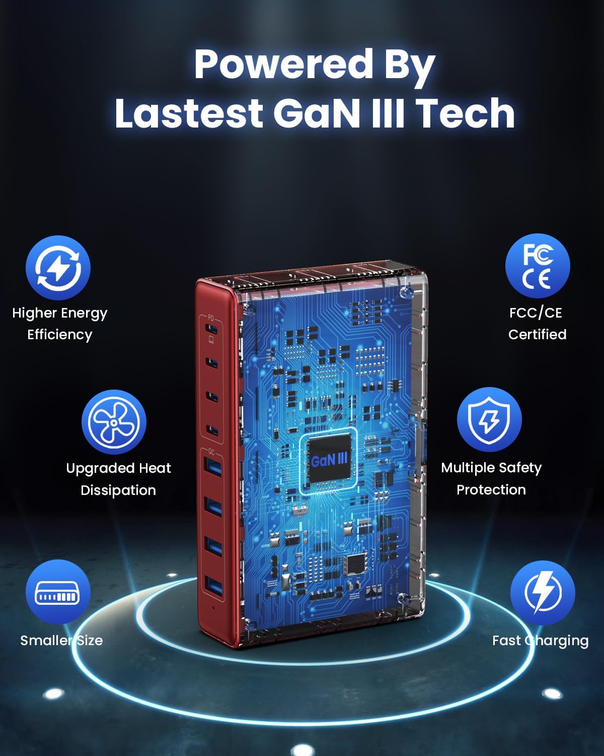 200W USB C Charger Block,8-Ports GaN III Fast Charging Station Hub,QC4.0+PD 65W Laptop Charger Wall Chargers Power Adapter for MacBook Pro/Air,DELL,Steam Desk,iPhone 16/15/14,iPad,Galaxy S25,Pixel-Red