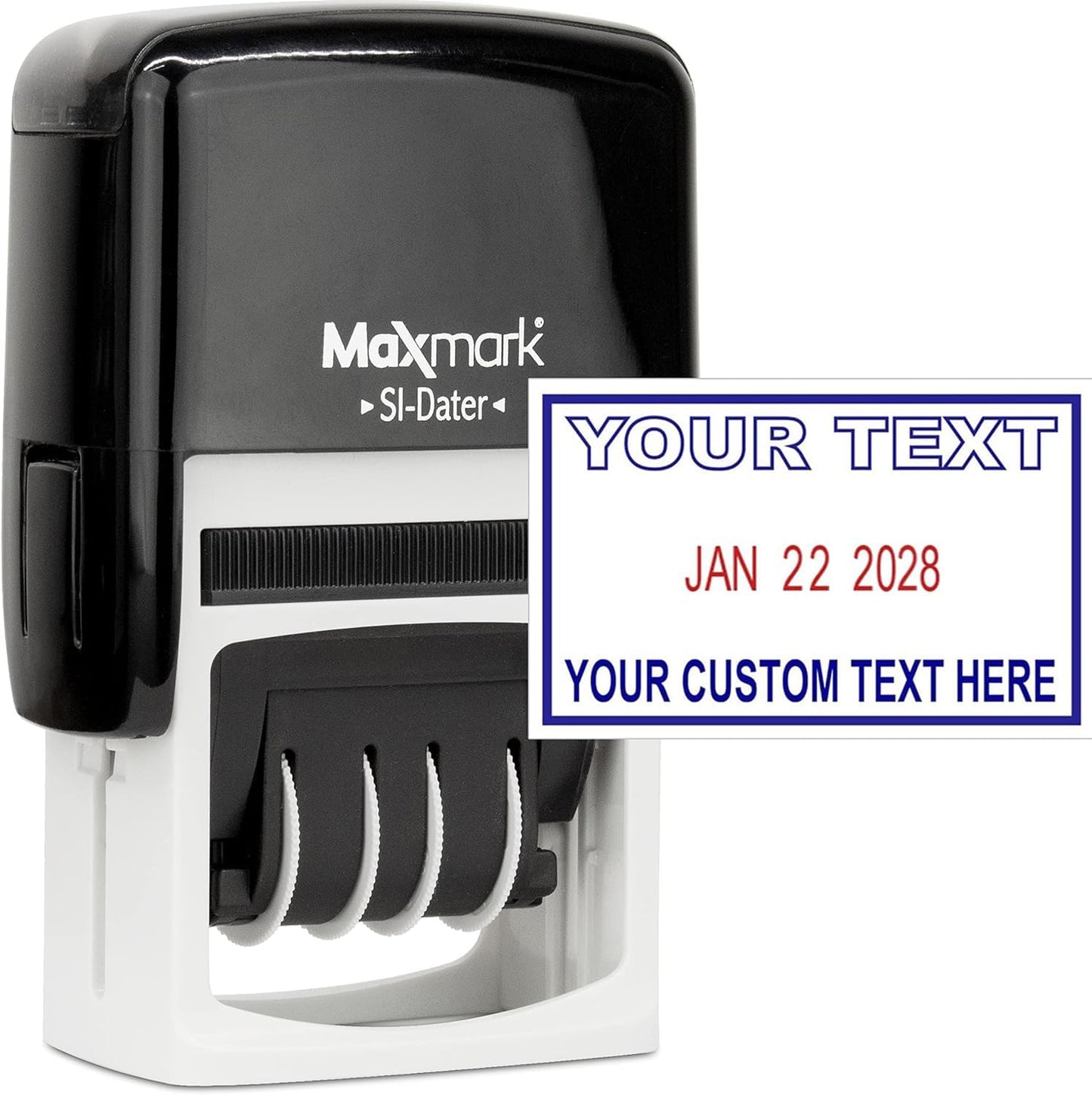 MaxMark Office Date Self Inking Stamp with 2-Line Custom Text - 1" x 1-5/8” - 2-Color Blue/Red Ink
