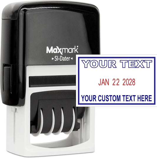 MaxMark Office Date Self Inking Stamp with 2-Line Custom Text - 1" x 1-5/8” - 2-Color Blue/Red Ink