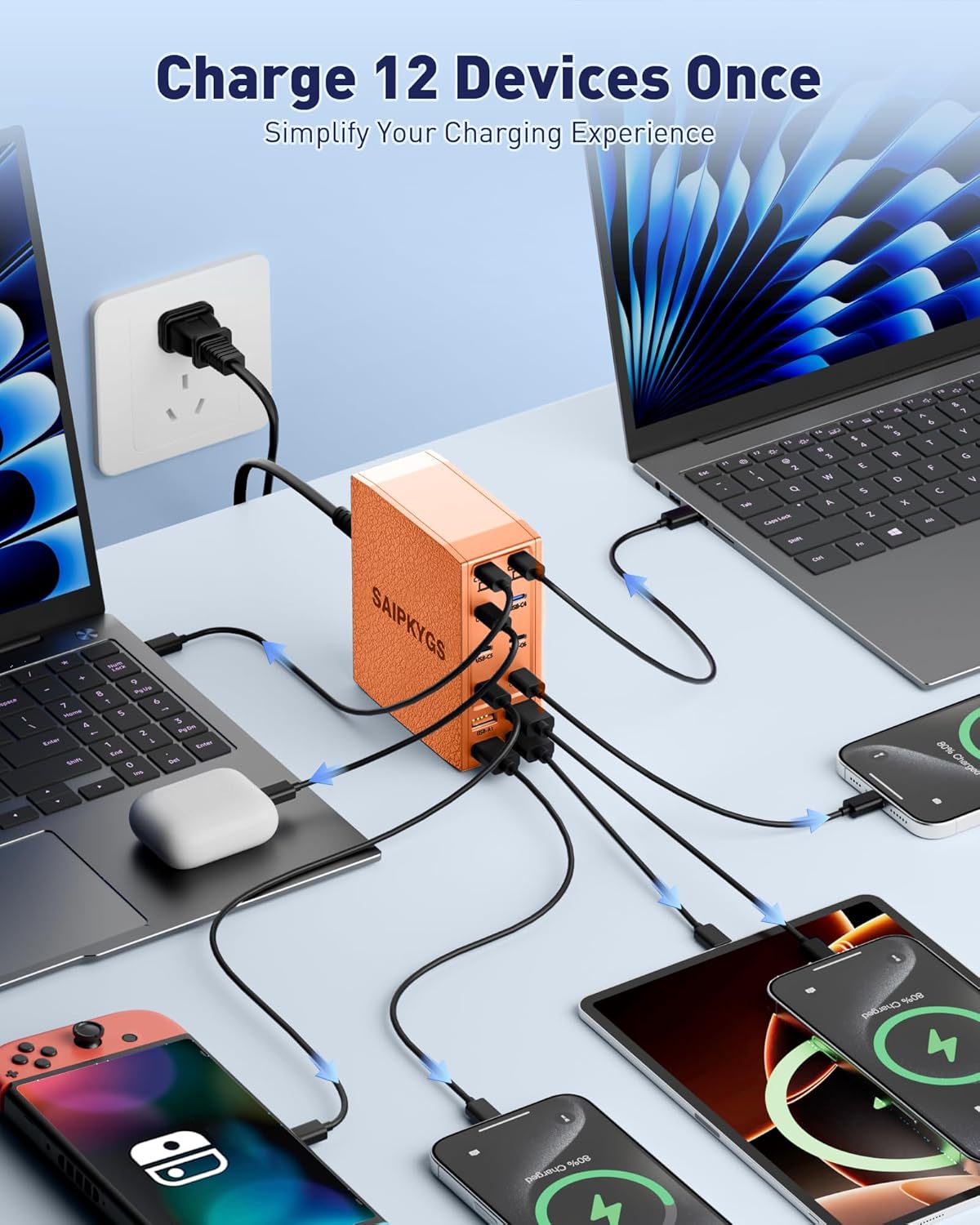 USB Charging Station (600W),12-Port USB C Charger Block with Dual 100W PD USB-C Fast Charging Station Hub for MacBook Pro/Air/All iPad Phone 17/16 15/14/13/Pro Max/Samsung Galaxy Note(Orange)