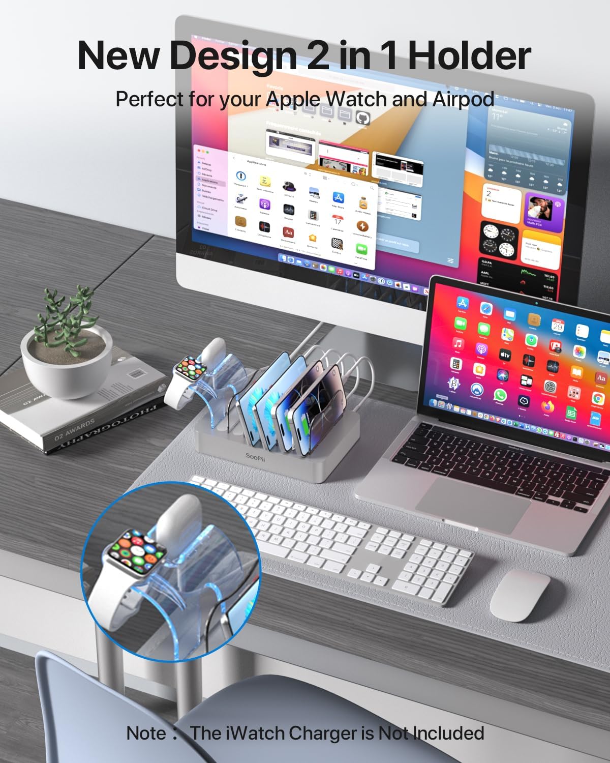 SooPii Premium 6-Port USB Charging Station Organizer for Multiple Devices, 6 Short Charging Cables and One Upgraded i-Watch Charger Holder Included, for Phones,Tablets and Other Electronics, Silver