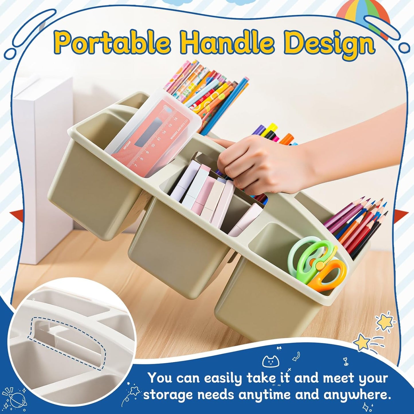 6 Equal Compartment Classroom Caddy, 12 Pack Small Caddy Organizer with Handle Rainbow Colors Plastic Classroom Table Caddies School Supply Organizer for Easy Storage (Boho Color)