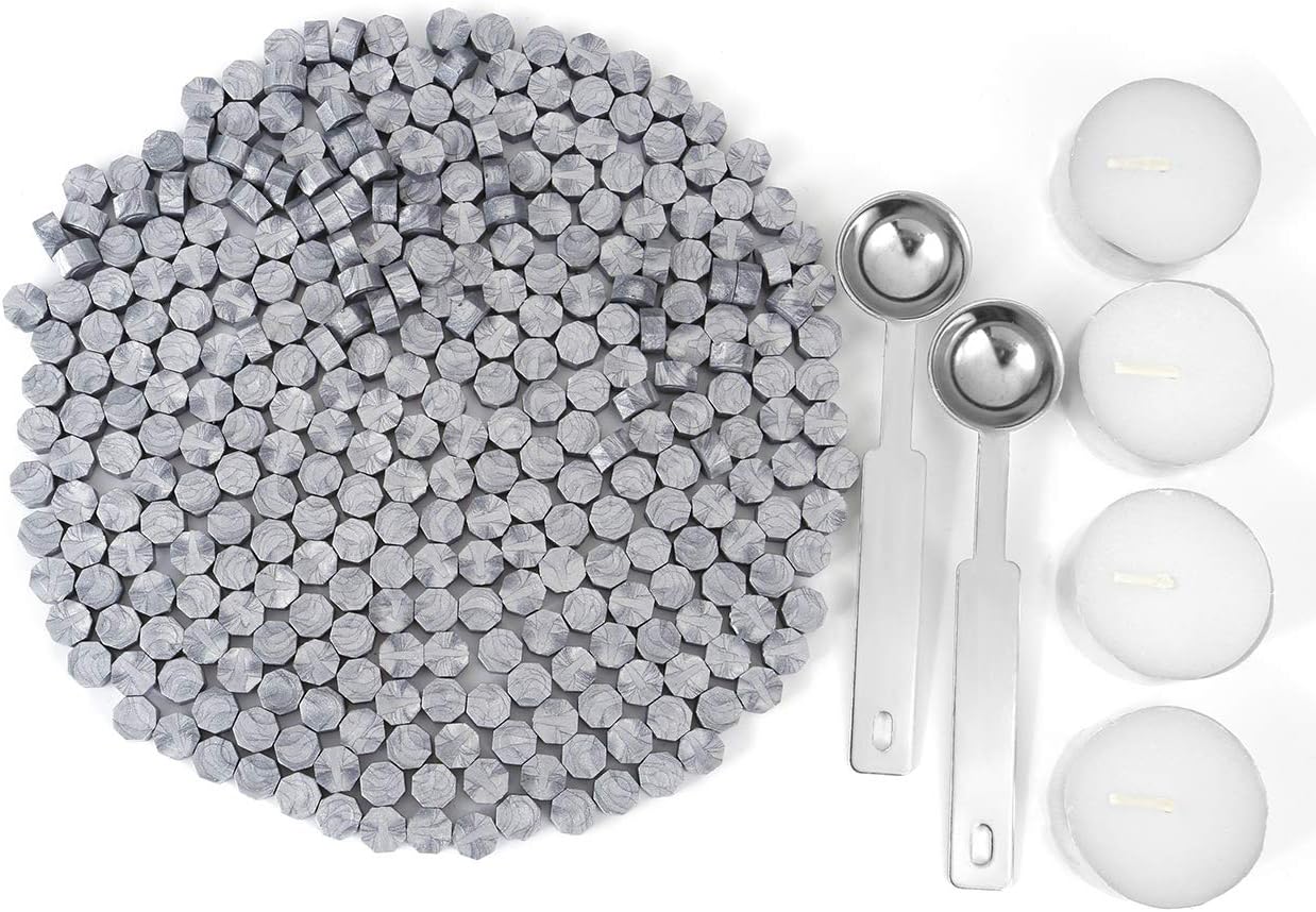 Silver Sealing Wax Beads, Yoption 300 Pieces Octagon Wax Seal Beads Kit with 2 Melting Spoon and 4 Candles for Seal Stamp (Silver)