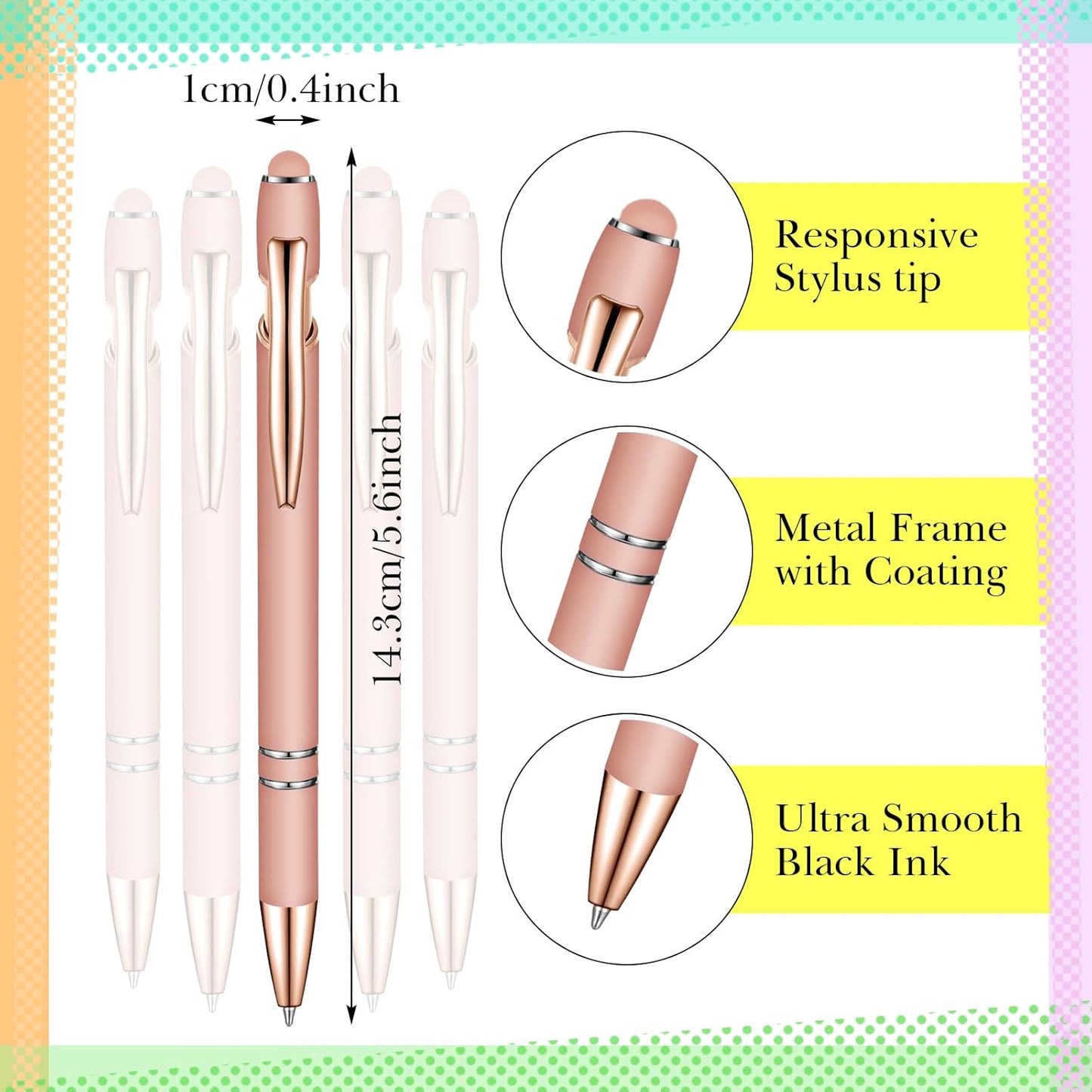 Zonon 38 Pieces Rubberized Ballpoint Pen with Stylus Tip Stylish Metal Pen Capacitive Styli with Soft Rubberized Grip, Black Ink for Most Devices(Rose Gold)