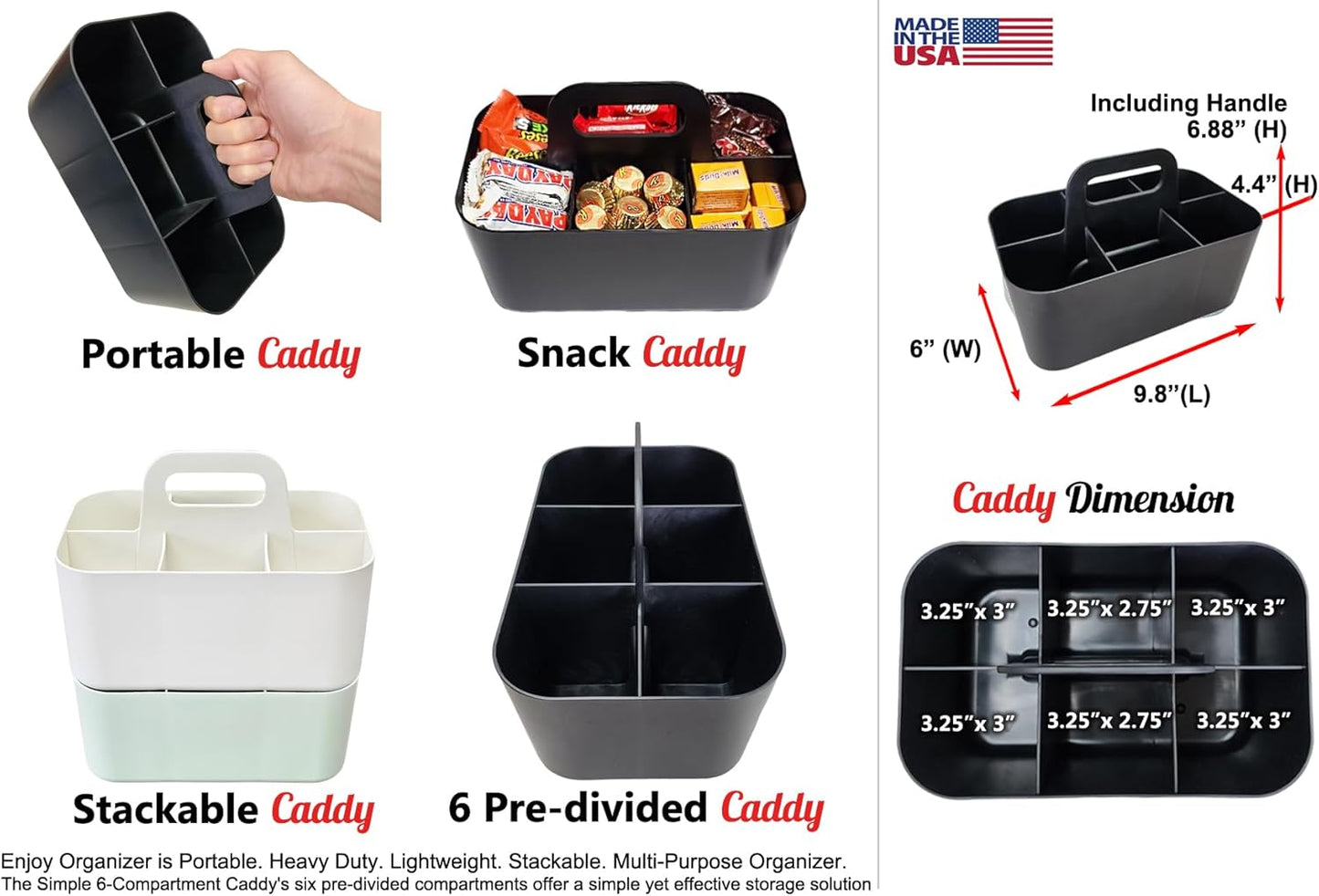 2 Pack Small 6 Compartment Multiuse Caddy Organizer with Handle Art Craft Supplies, Office, Desk, Stationery Pen Holder Stackable- Made In USA (Mint/Ivory)