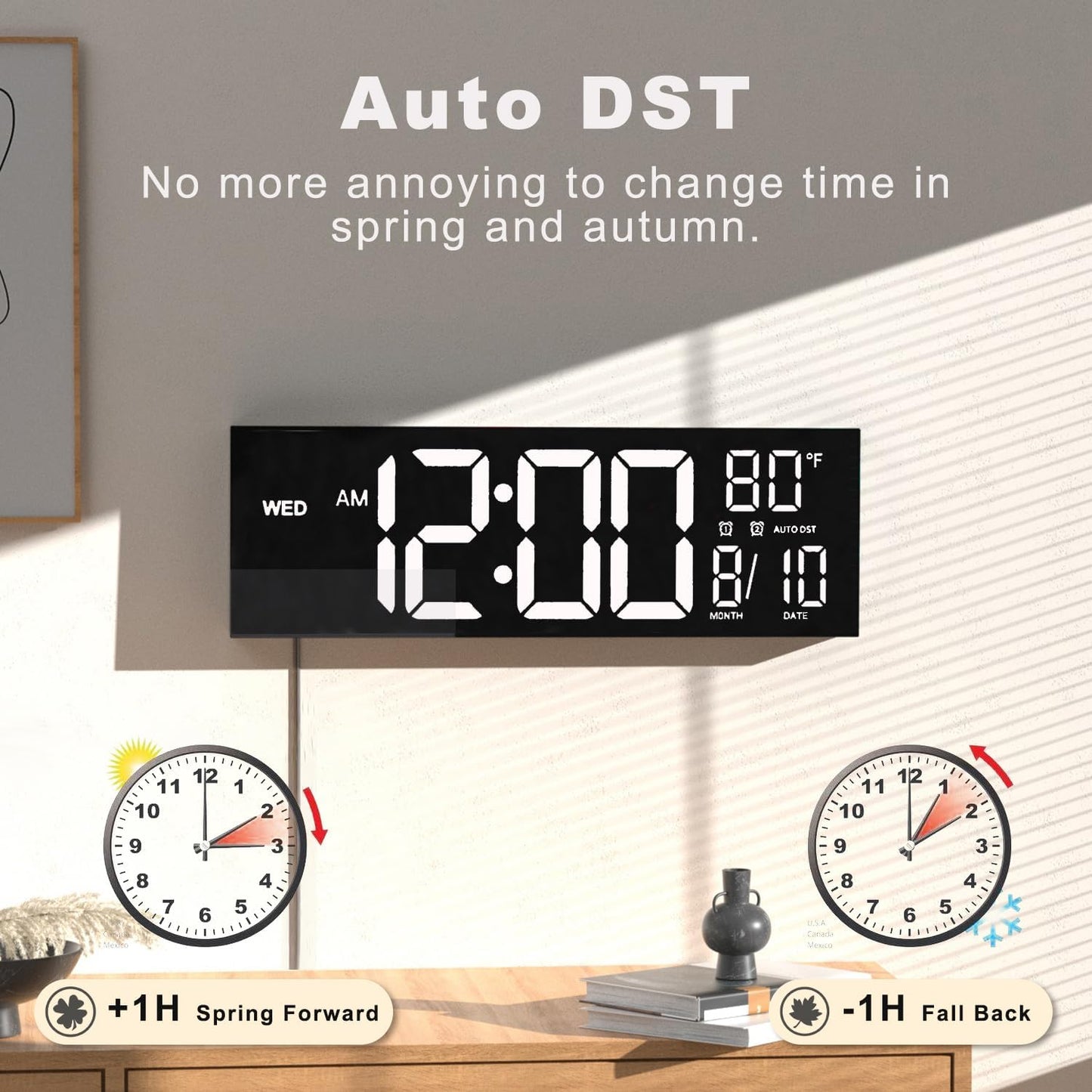JALL 16" Large Digital Wall Mount Clock, Count Down Timer, Alarm, Big LED, DST, Temperature for Living Room Classroom Desk, Xmas, Birthday Gift for Senior Men Women Mom Dad, White