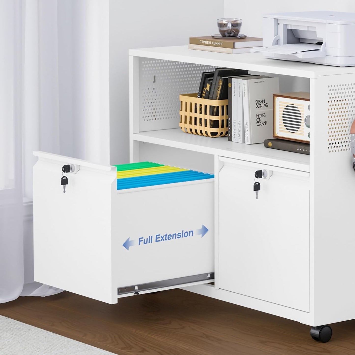 Metal File Cabinet,2 Drawer Lateral Filing Cabinet with Lock,Rolling Printer Stand Storage Cabinets with Shelves for Home Office Letter/Legal/A4 Size Files(White)