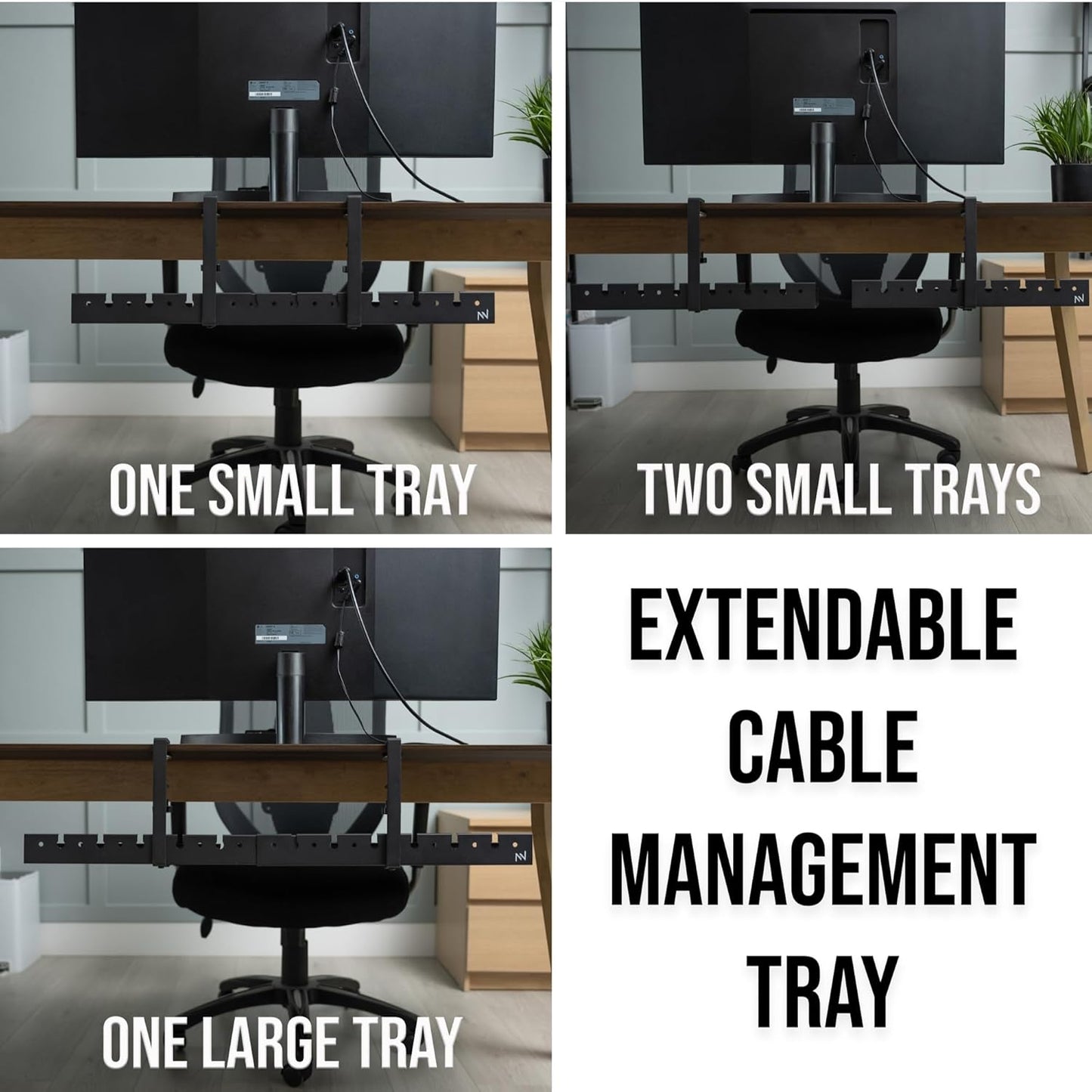 No Drill Under Desk Cable Management Tray - Extendable 16" to 31" Sturdy Steel Desk Cord Hider Raceway - Under Desk Cable Tray Holder with 38 Wire & Cable Rack Organizer Accessories - Black