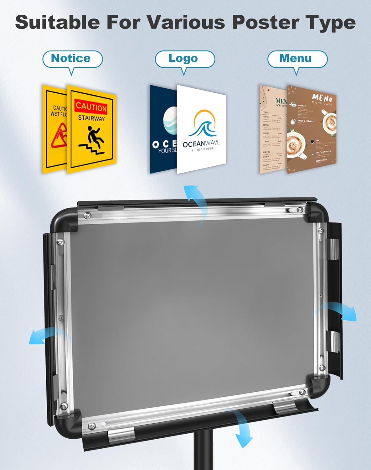 2 Pack Sign Holder Stand 8.5x11 inch for Display, Height Adjustable Floor Standing Signage Stand with 360° Rotated Snap Open Frame for Malls, Schools, Advertising, Outdoor Poster Stand